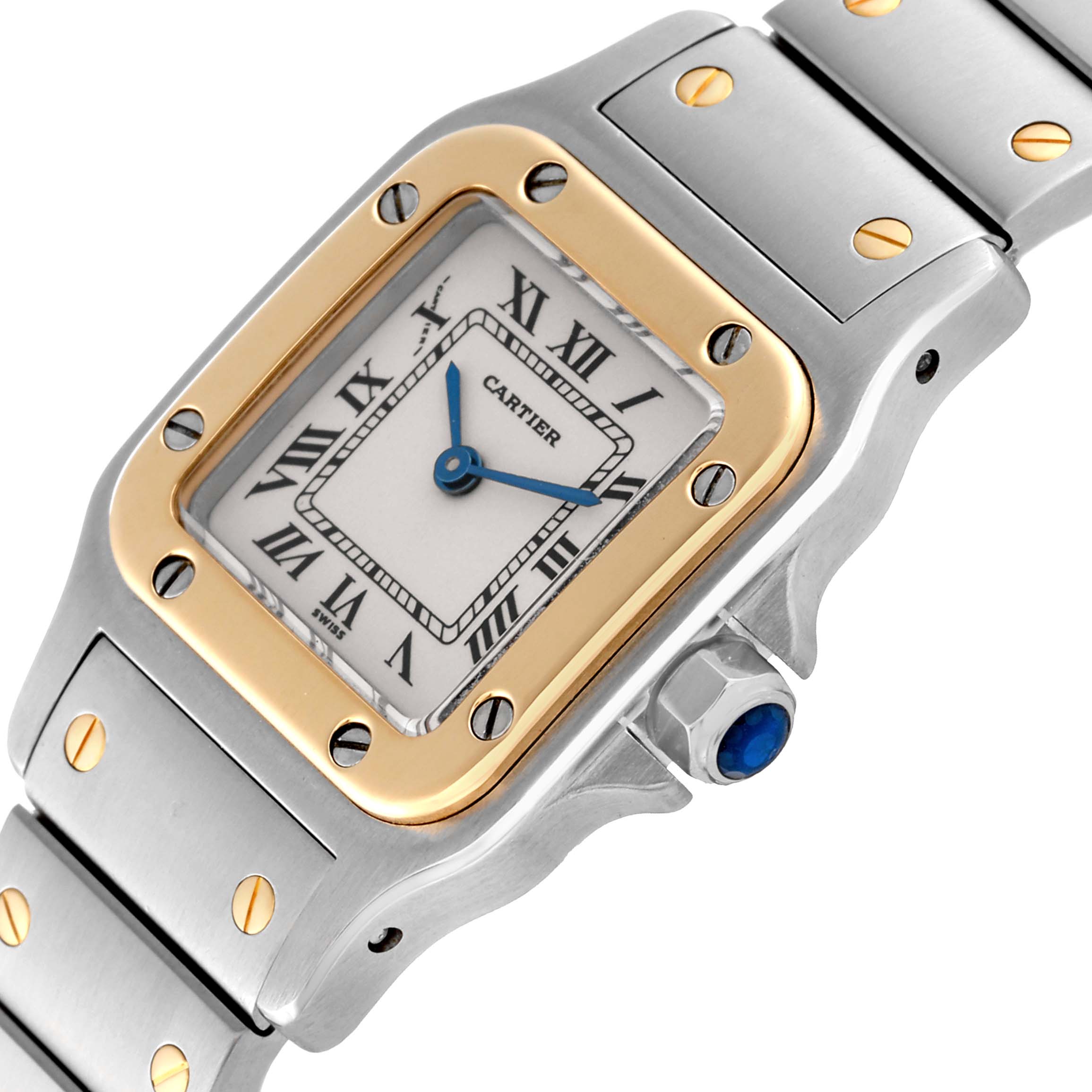 The image shows a close-up view of a Cartier Santos W20012C4 Women's Steel and Gold (two tone) Silver Dial W20012C4 Women's Steel and Gold (two tone) Silver Dial watch, focusing on the face, bezel, bracelet, and crown.