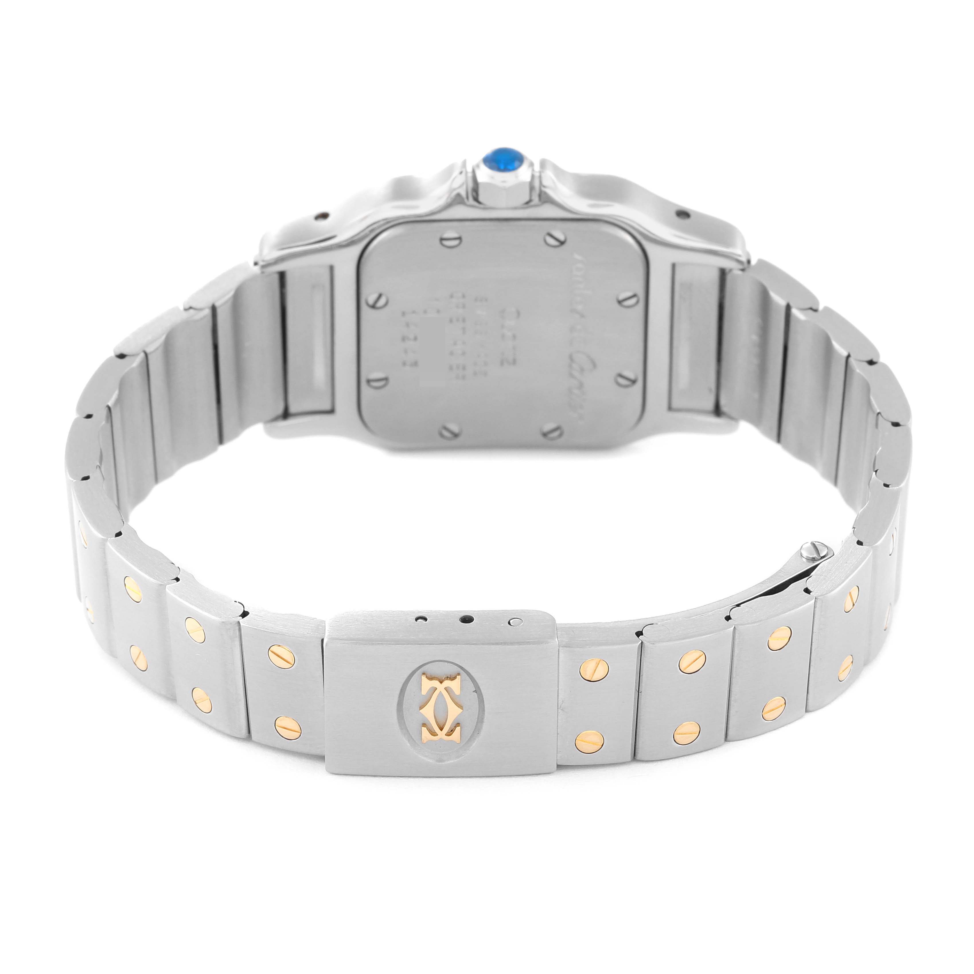 The image shows the back view of a Cartier Santos W20012C4 Women's Steel and Gold (two tone) Silver Dial W20012C4 Women's Steel and Gold (two tone) Silver Dial watch, highlighting the case back and the metal bracelet with gold screws.