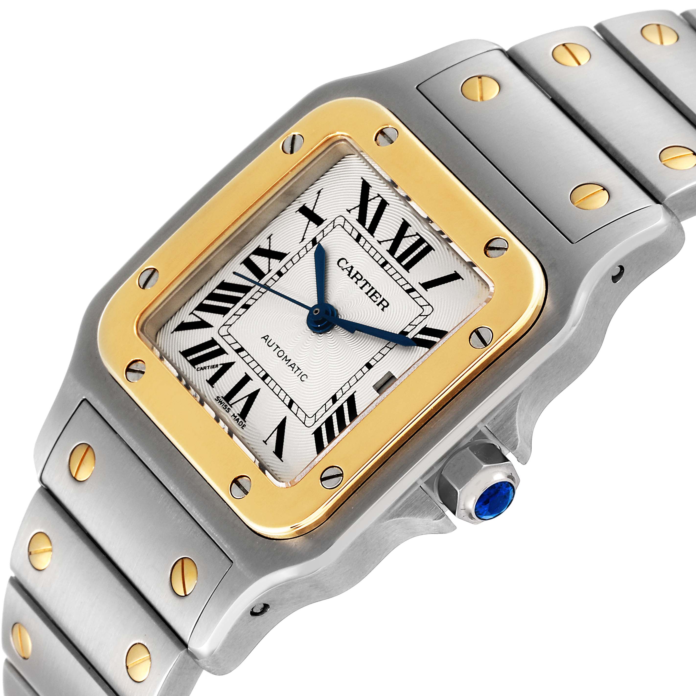 The image shows a close-up of the dial, bezel, and bracelet of a Cartier Santos W20058C4 Men
s Steel and Gold (two tone) Silver Dial W20058C4 Men
s Steel and Gold (two tone) Silver Dial watch at an angled view.