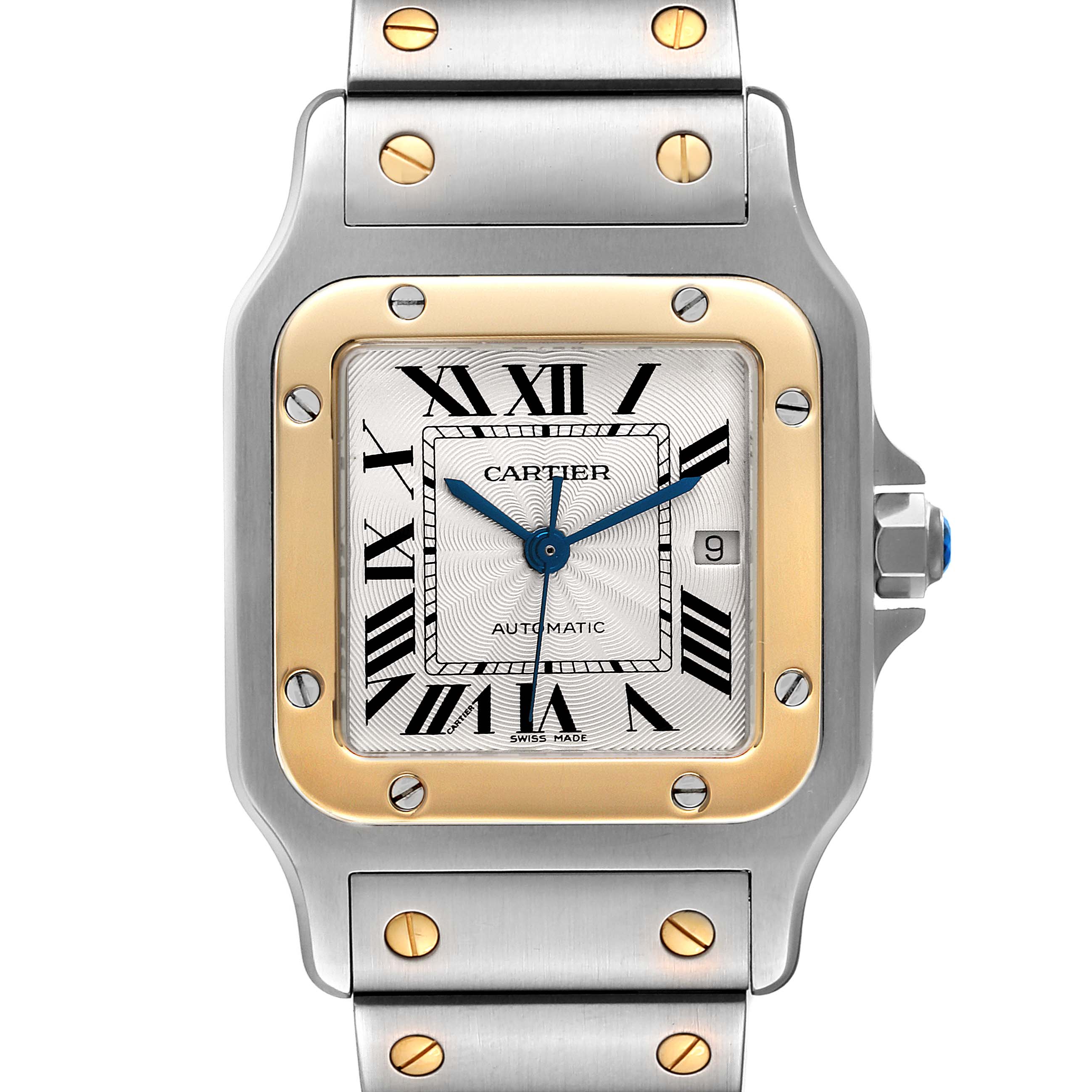 The image shows a front view of a Cartier Santos W20058C4 Men
s Steel and Gold (two tone) Silver Dial W20058C4 Men
s Steel and Gold (two tone) Silver Dial watch, highlighting its square dial, gold bezel, and steel bracelet.