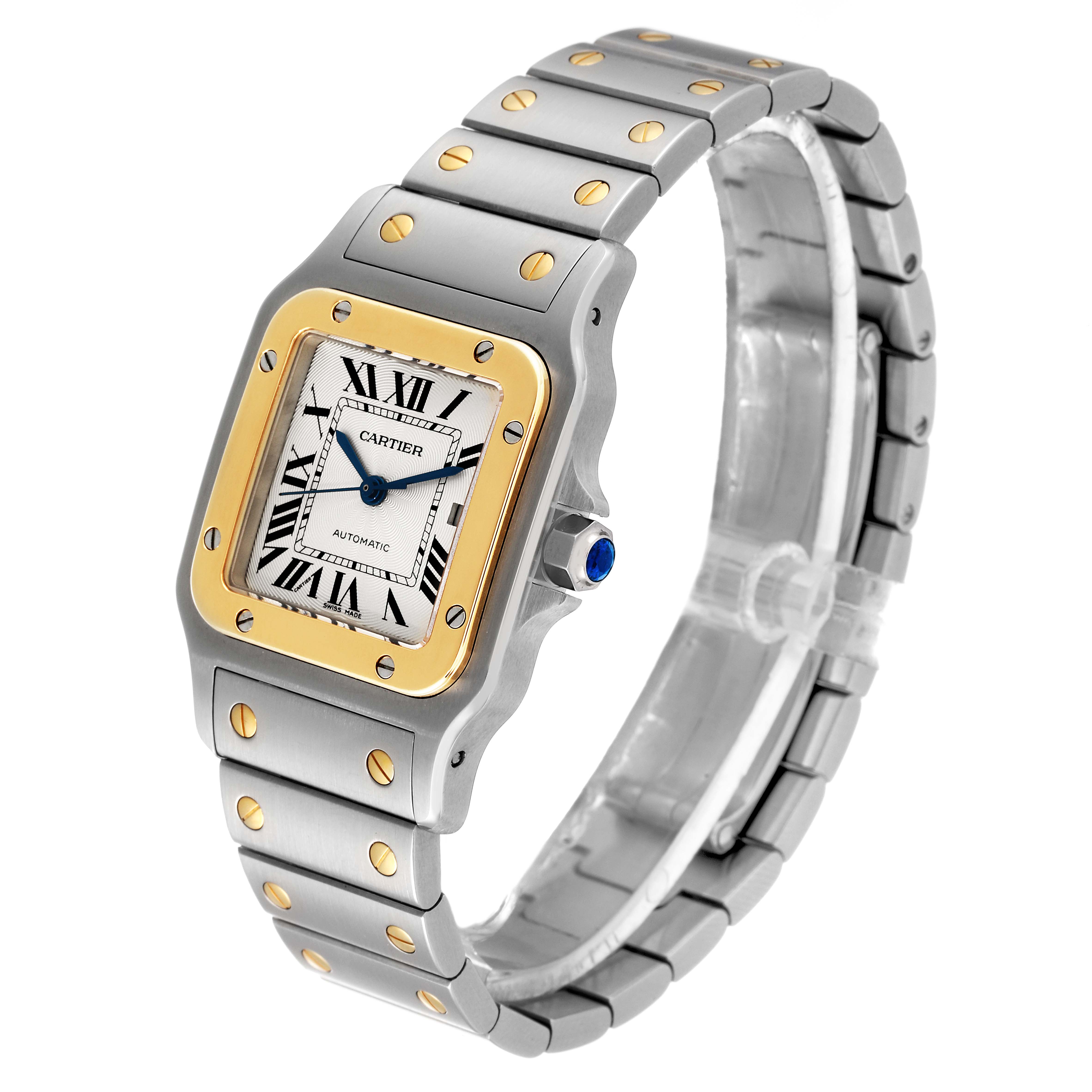 The Cartier Santos W20058C4 Men
s Steel and Gold (two tone) Silver Dial W20058C4 Men
s Steel and Gold (two tone) Silver Dial watch is shown at a three-quarter angle, highlighting its face, bezel, band, and distinctive screws.