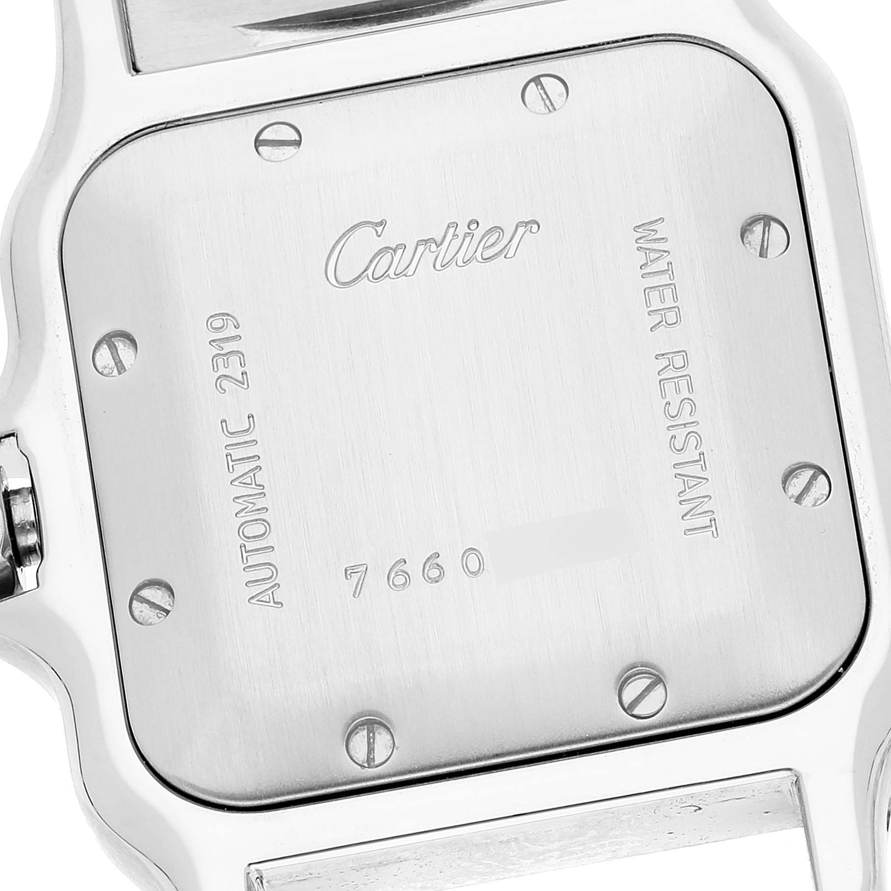 The image shows the back case of the Cartier Santos W20058C4 Men
s Steel and Gold (two tone) Silver Dial W20058C4 Men
s Steel and Gold (two tone) Silver Dial watch with visible screws and engravings.