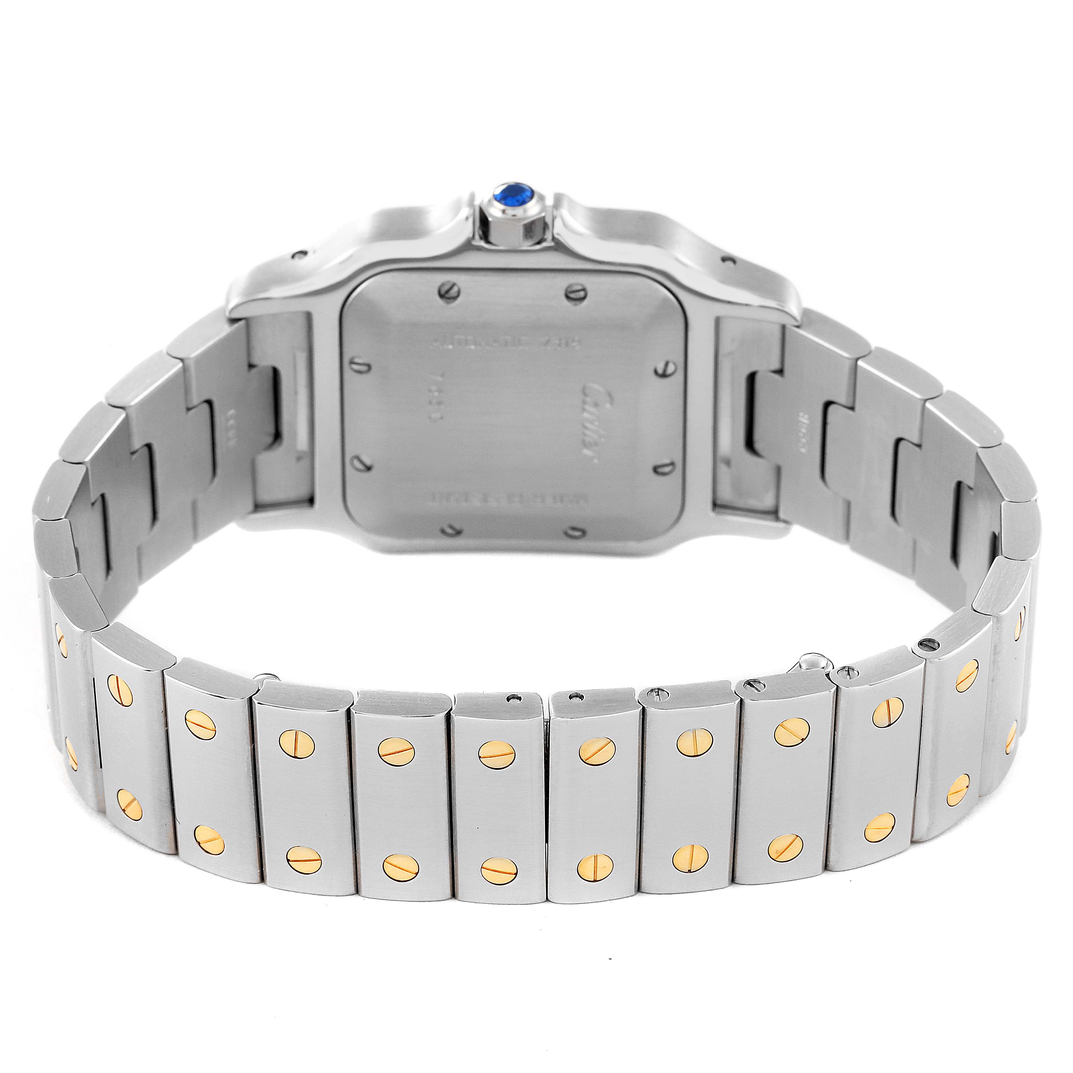 The image shows the back and bracelet of a Cartier Santos W20058C4 Men
s Steel and Gold (two tone) Silver Dial W20058C4 Men
s Steel and Gold (two tone) Silver Dial watch, highlighting its screws and crown.