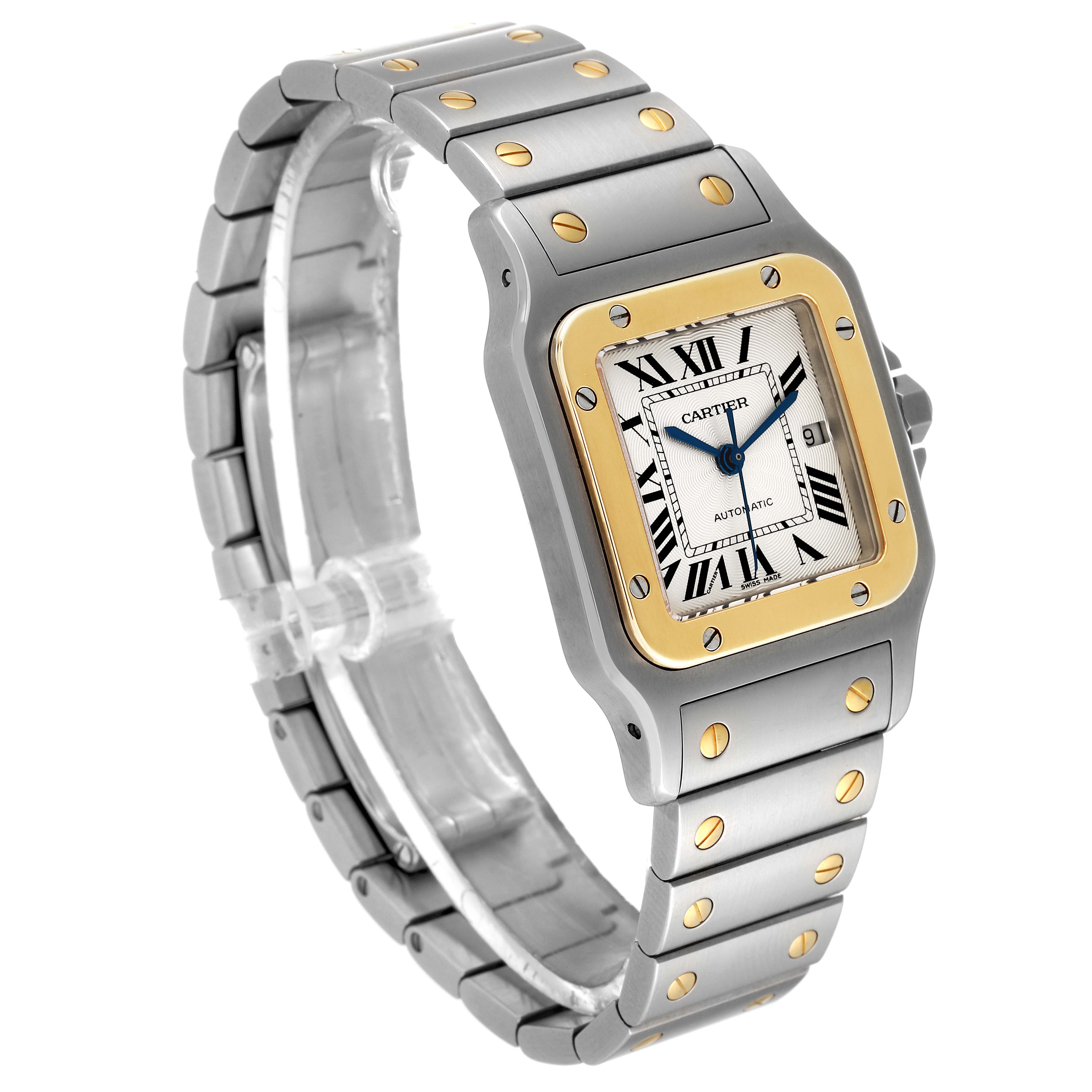The Cartier Santos W20058C4 Men
s Steel and Gold (two tone) Silver Dial W20058C4 Men
s Steel and Gold (two tone) Silver Dial watch is shown at a slight angle, displaying its stainless steel bracelet, gold bezel, and Roman numeral dial.