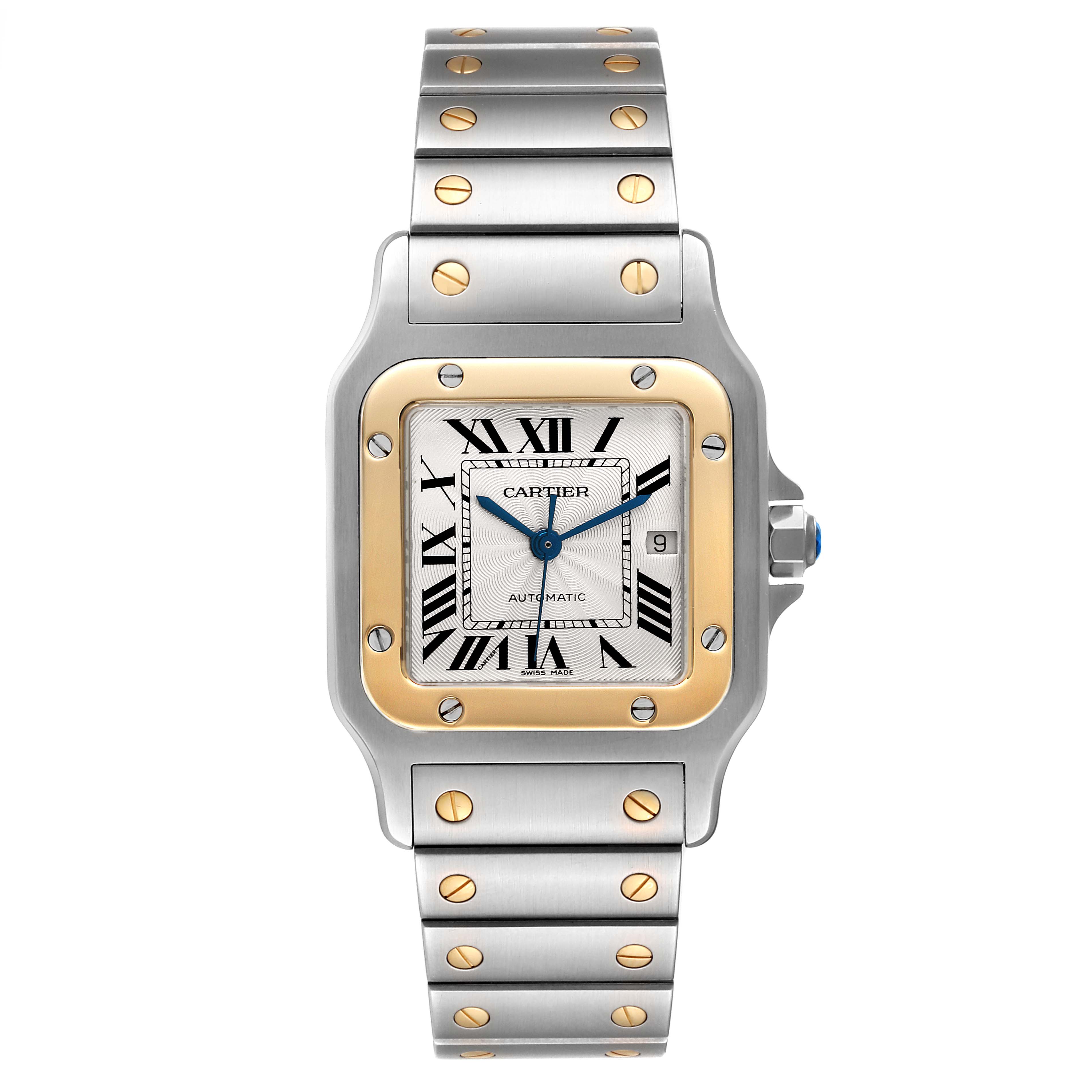 The image shows a Santos model watch by Cartier from a front angle, highlighting the face, bezel, and bracelet.