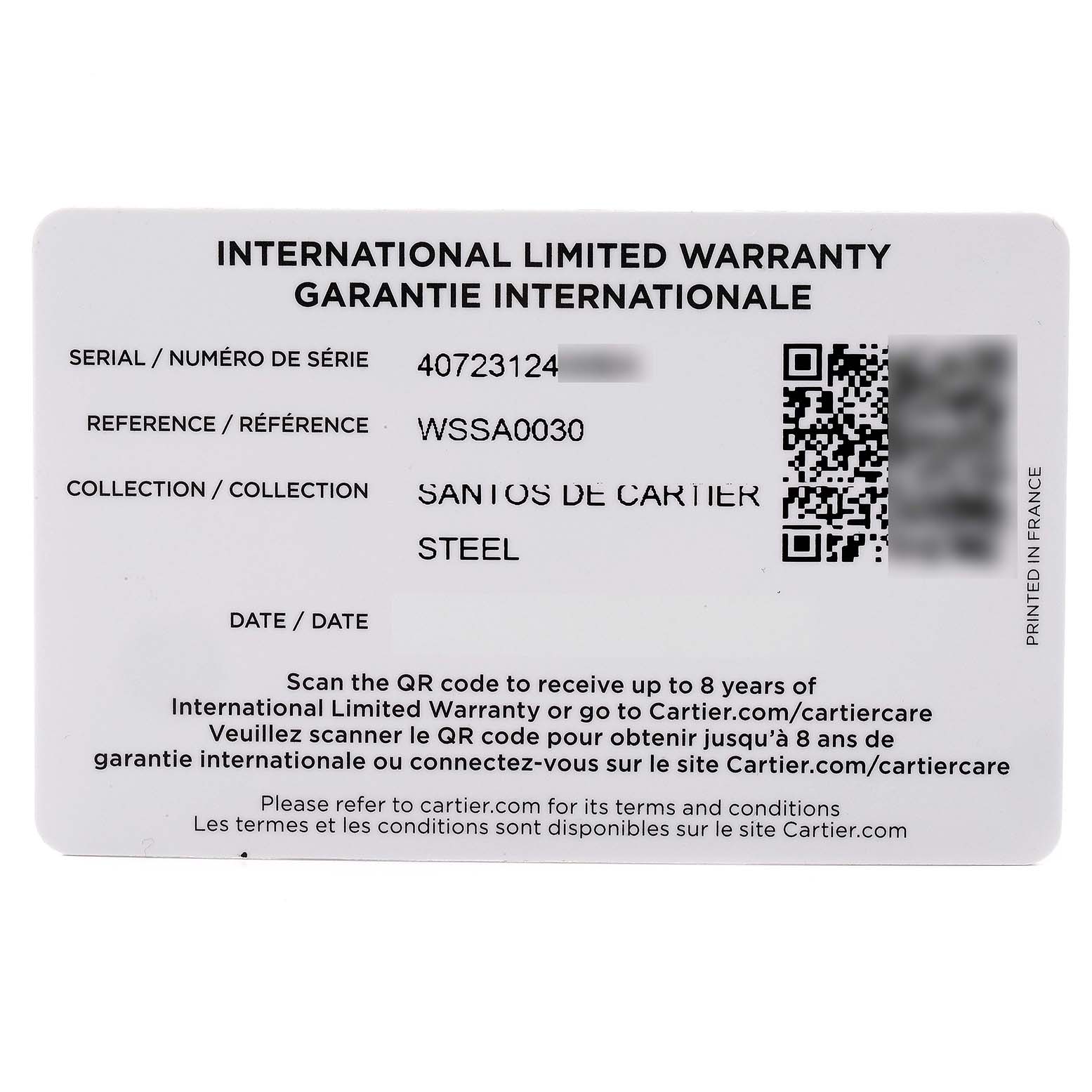 This image shows the international limited warranty card for the Santos model by Cartier.