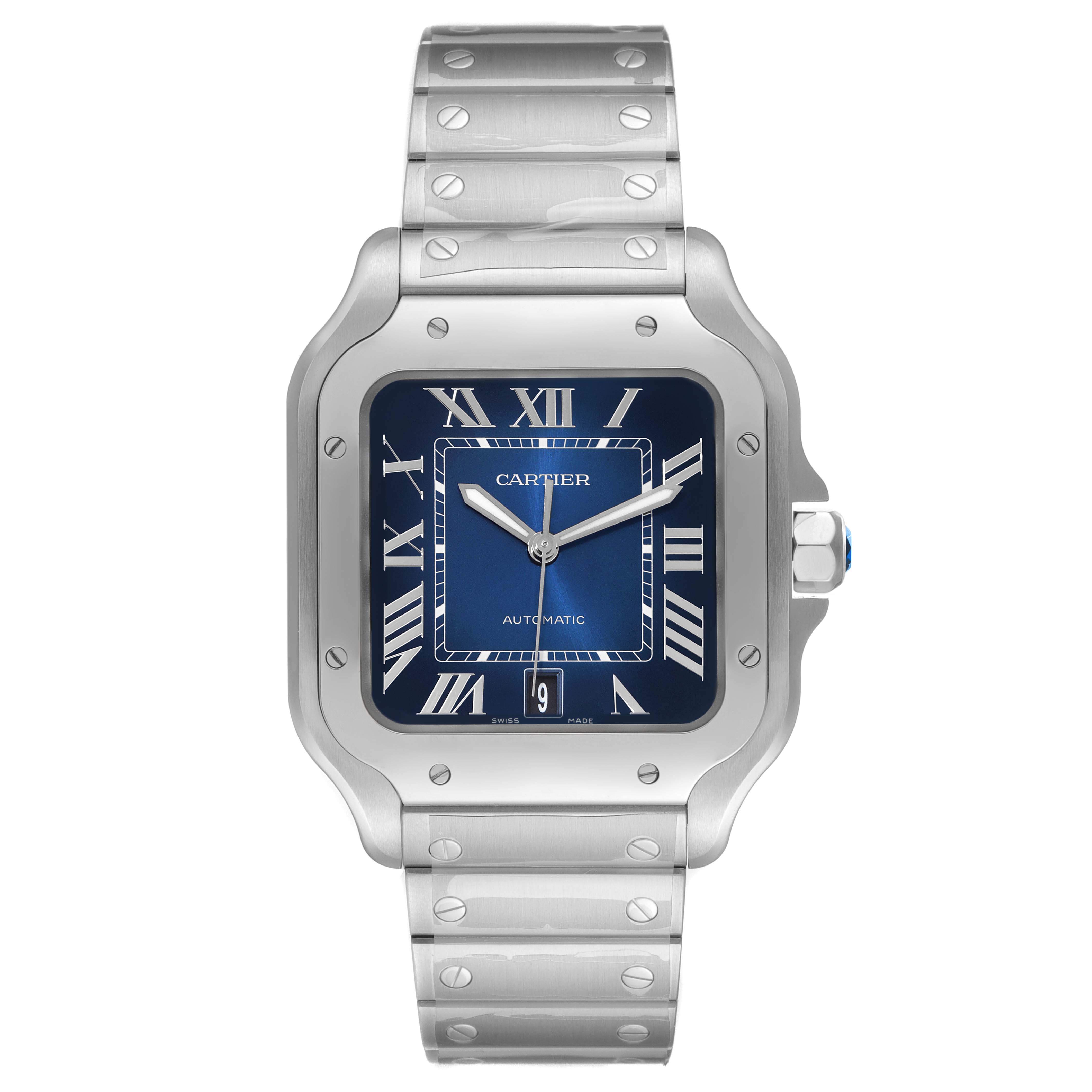 The image shows a frontal view of the Cartier Santos WSSA0030 Men's Stainless Steel Blue Dial WSSA0030 Men's Stainless Steel Blue Dial watch, highlighting its blue dial, Roman numerals, and stainless steel bracelet.