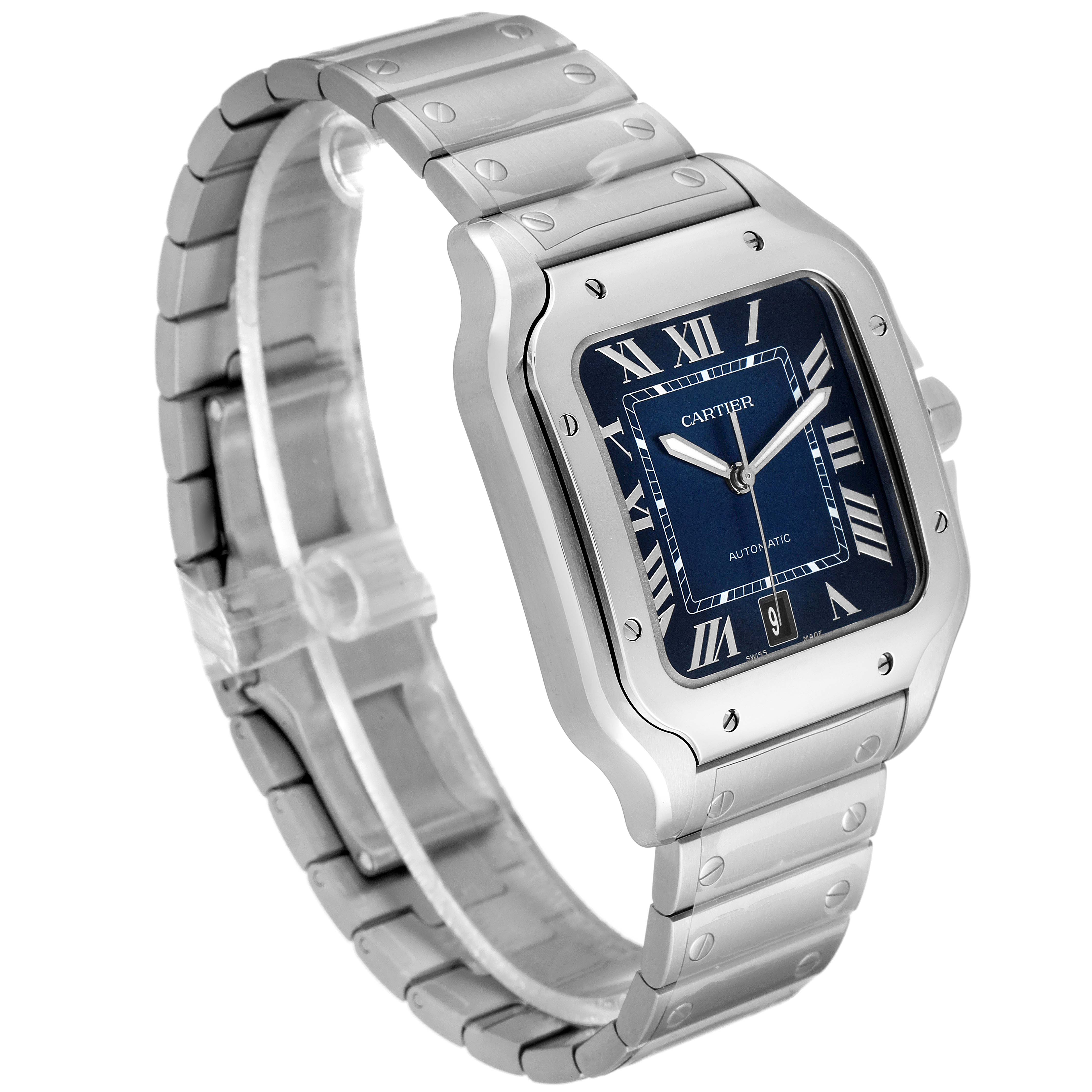 This image shows a Santos model watch by Cartier at a three-quarter angle, highlighting the face and part of the bracelet.