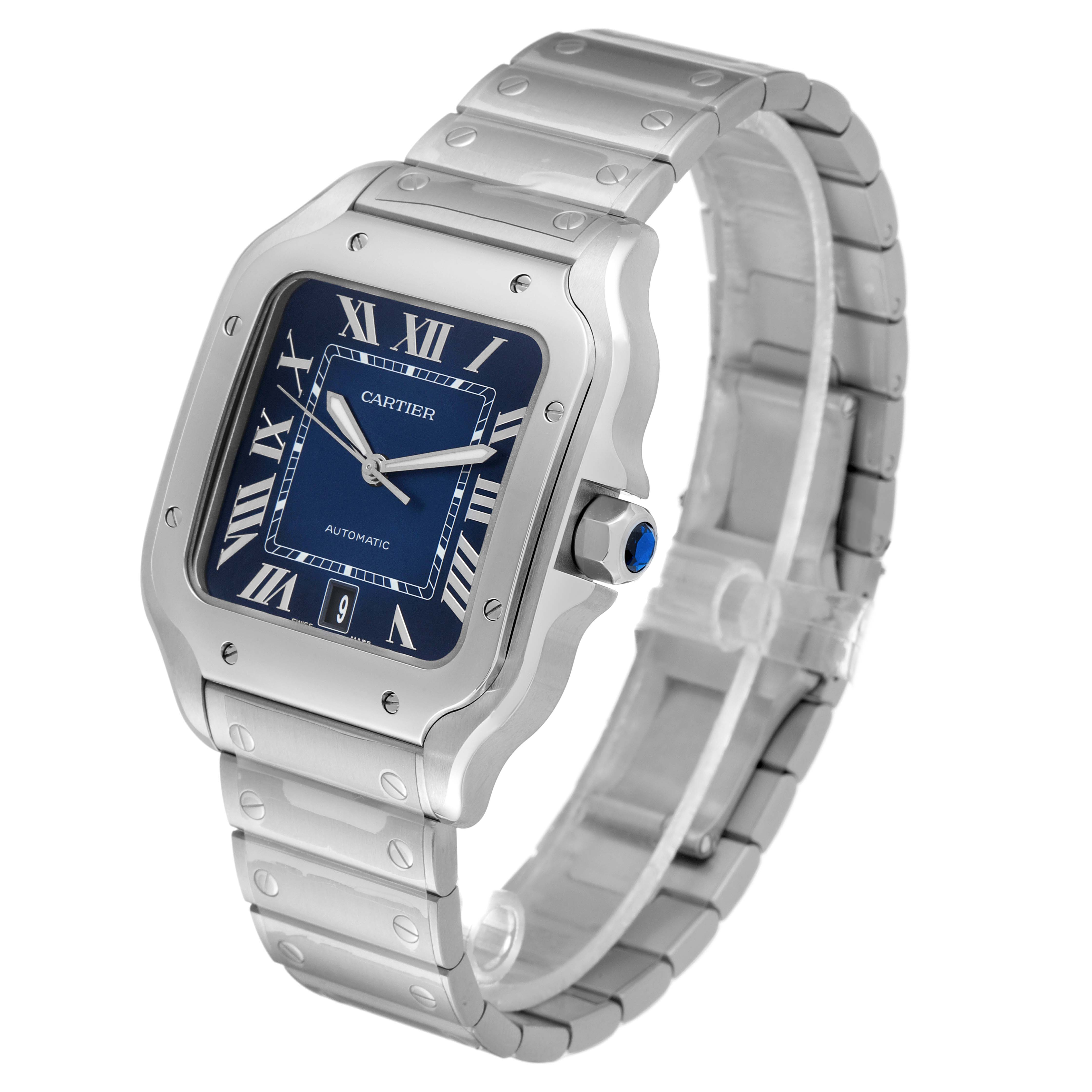 The Cartier Santos WSSA0030 Men's Stainless Steel Blue Dial WSSA0030 Men's Stainless Steel Blue Dial watch is shown at an angle highlighting its square face, blue dial, stainless steel case, and bracelet.