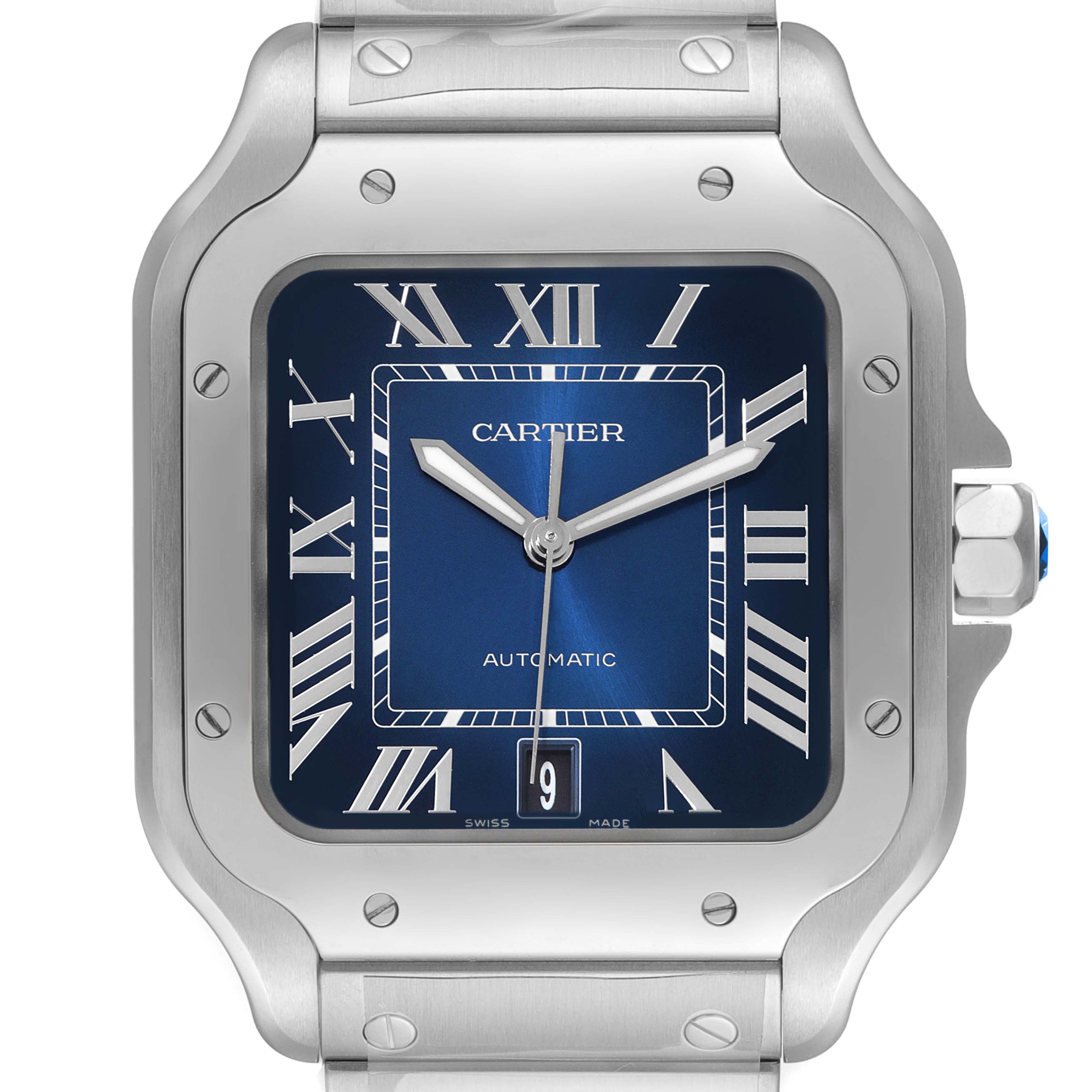The image shows a front view of the Cartier Santos WSSA0030 Men's Stainless Steel Blue Dial WSSA0030 Men's Stainless Steel Blue Dial watch, featuring a blue dial, Roman numerals, and a stainless steel case and bracelet.