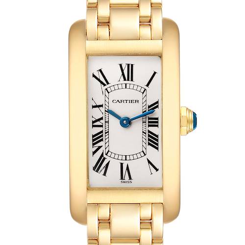 The Cartier Tank Americaine watch is shown from the front, displaying its rectangular face, Roman numerals, and gold bracelet.