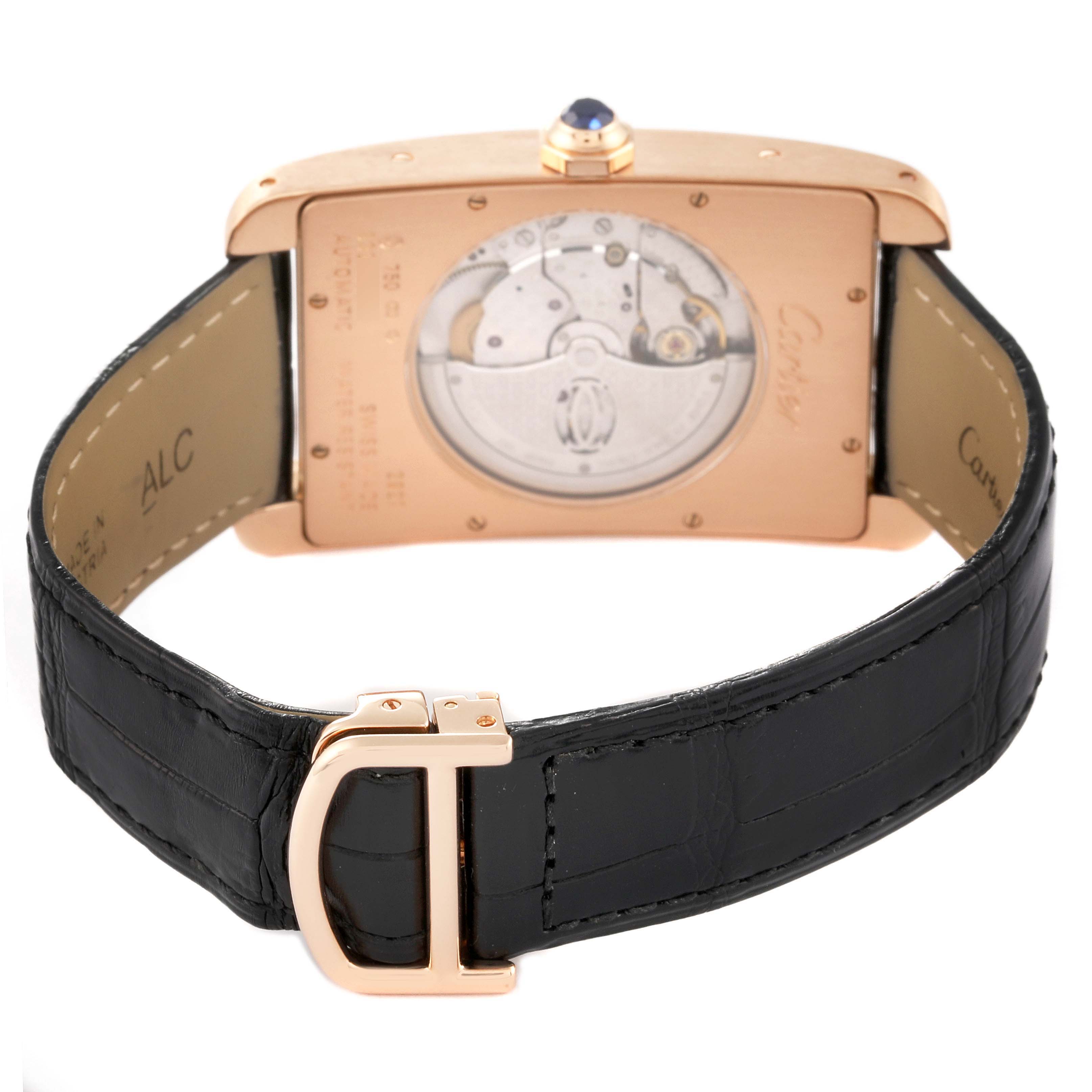 This image shows the back view of the Cartier Tank Américaine watch, including its case back, movement, strap, and buckle.