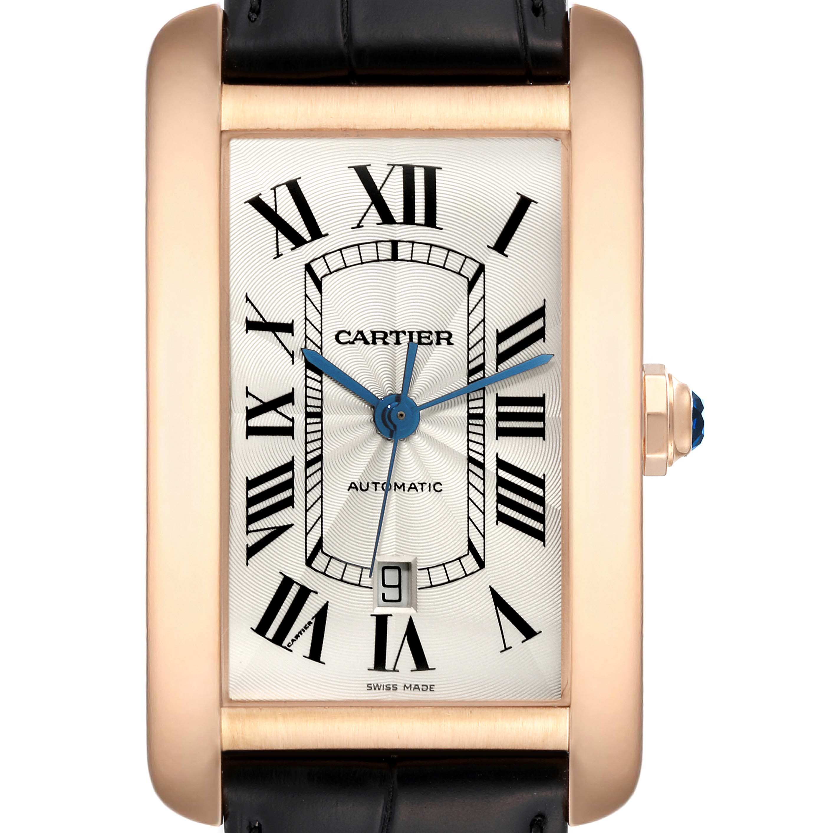 The image shows a front view of the Cartier Tank Americaine W2609856 Men
s Rose Gold Silver Dial W2609856 Men
s Rose Gold Silver Dial watch with a rectangular face, Roman numerals, and a black leather strap.