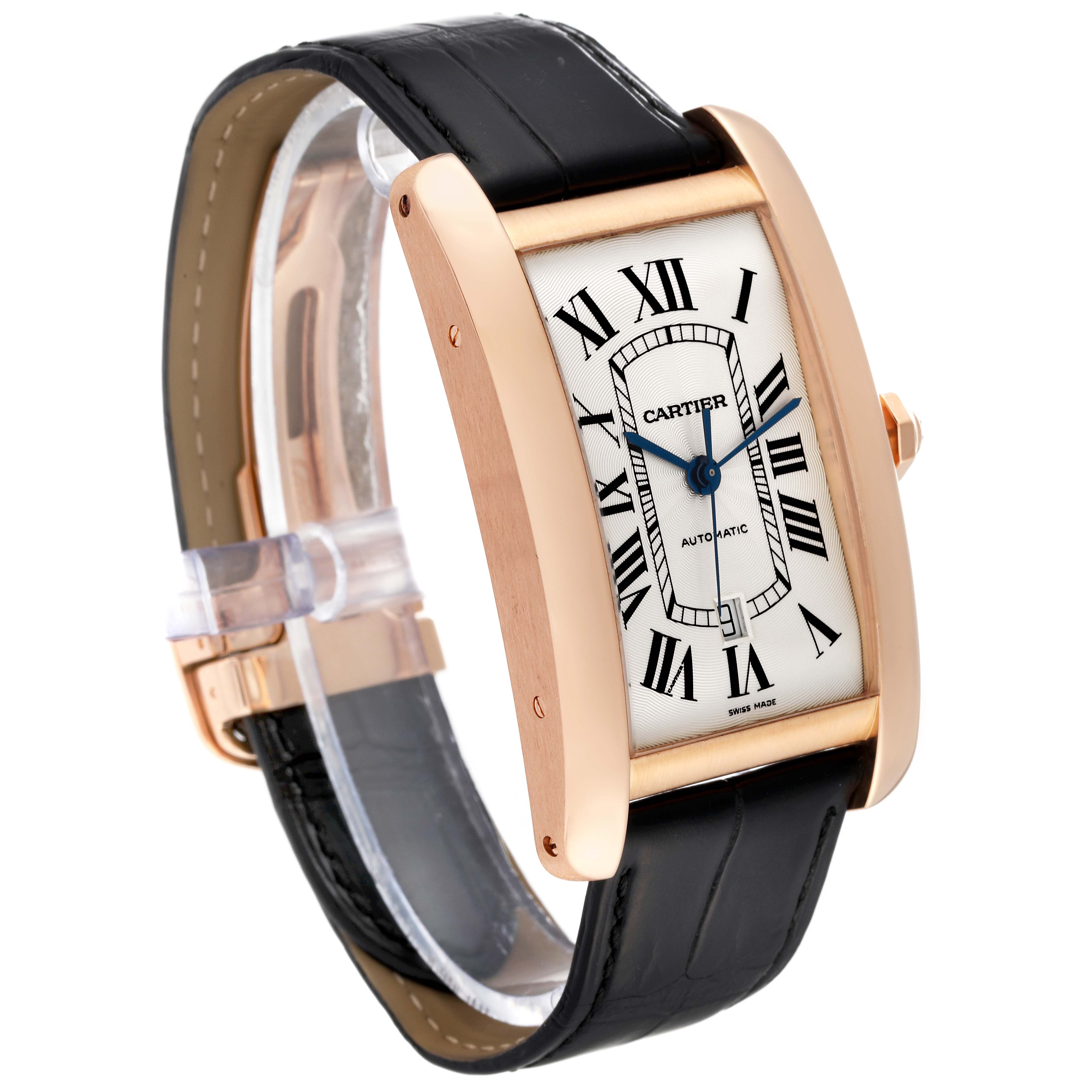 The Cartier Tank Americaine W2609856 Men
s Rose Gold Silver Dial W2609856 Men
s Rose Gold Silver Dial watch is shown at a three-quarter angle, highlighting its rose gold case, Roman numeral dial, and black leather strap.