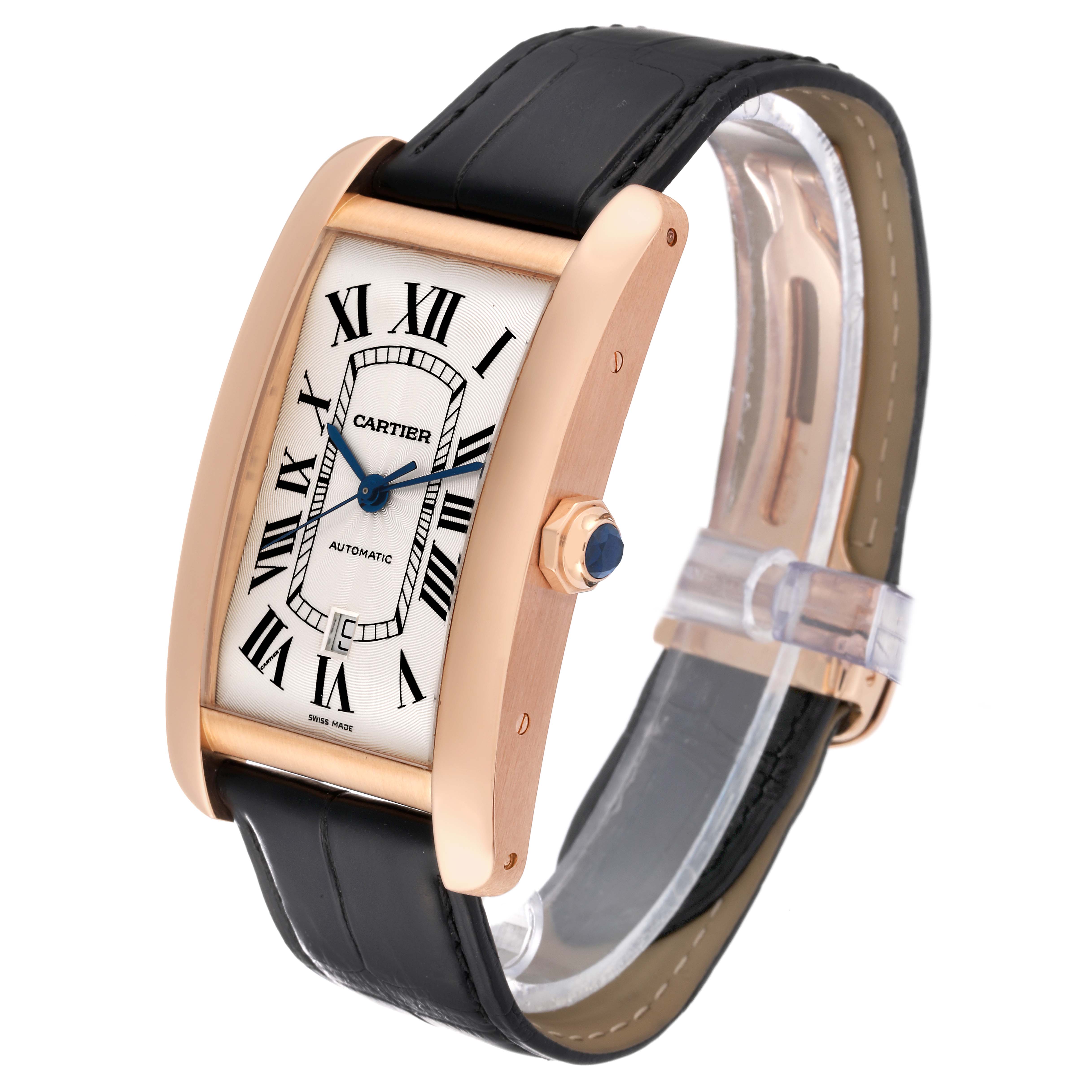 This Cartier Tank Américaine watch is shown from an angled view, highlighting the face, strap, and side profile with the crown.