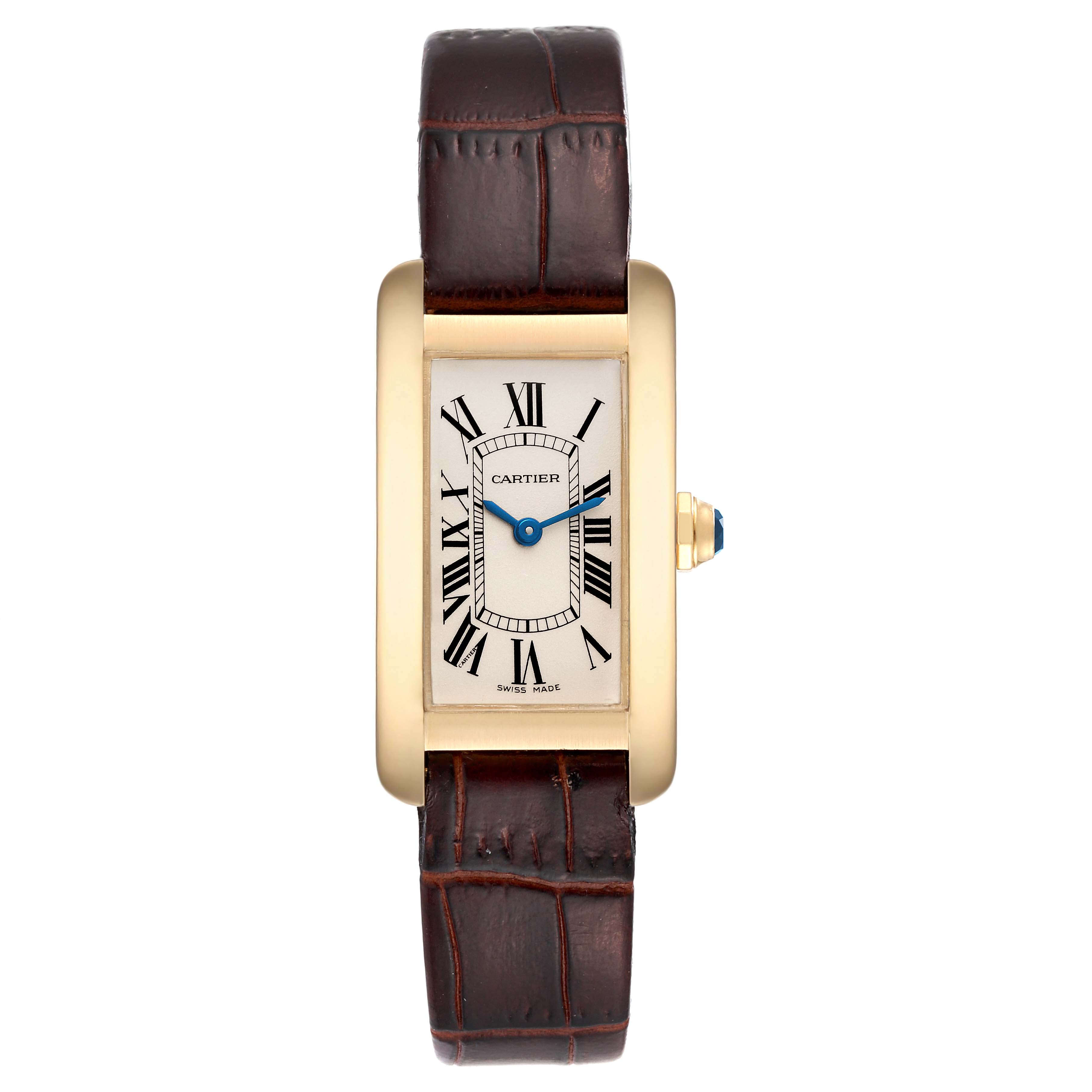The image shows a frontal view of the Cartier Tank Americaine W26015K2 Women's Yellow Gold Silver Dial W26015K2 Women's Yellow Gold Silver Dial watch, highlighting the rectangular dial, leather strap, and gold case.