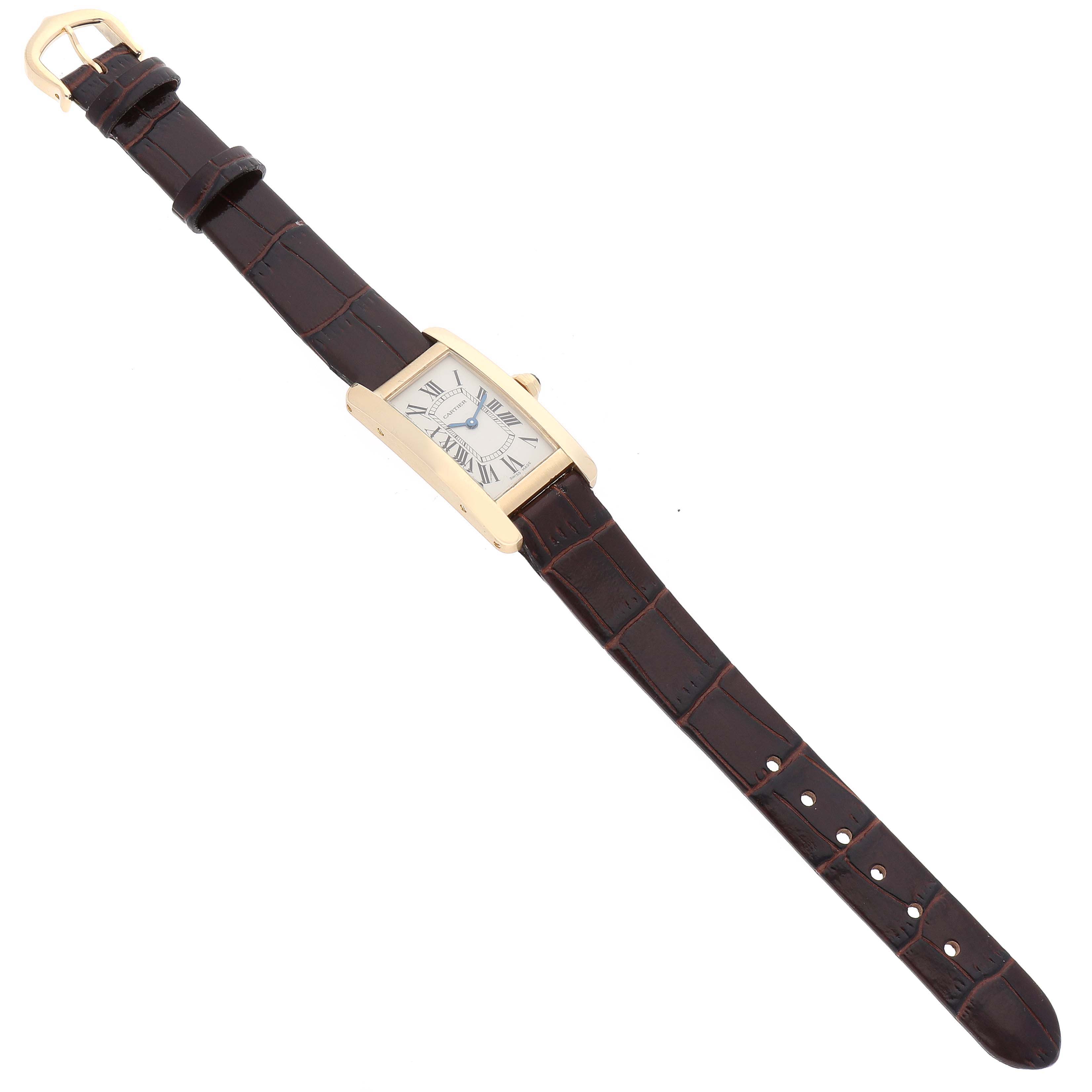 The image shows a Tank Americaine model by Cartier from a top-down angle, displaying the case, dial, and leather strap.