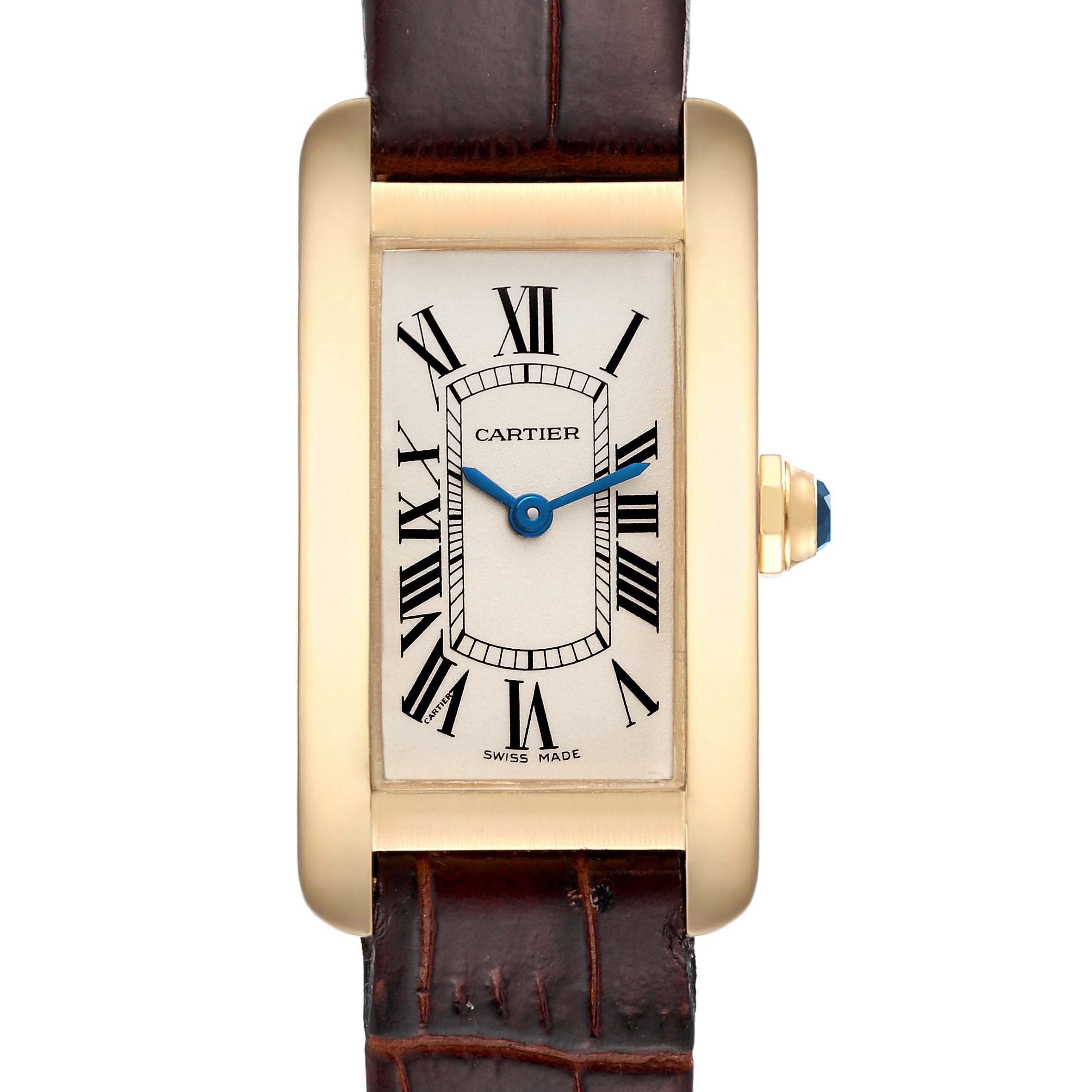 This image shows a frontal view of the Cartier Tank Americaine W26015K2 Women's Yellow Gold Silver Dial W26015K2 Women's Yellow Gold Silver Dial watch with a rectangular dial and leather strap.