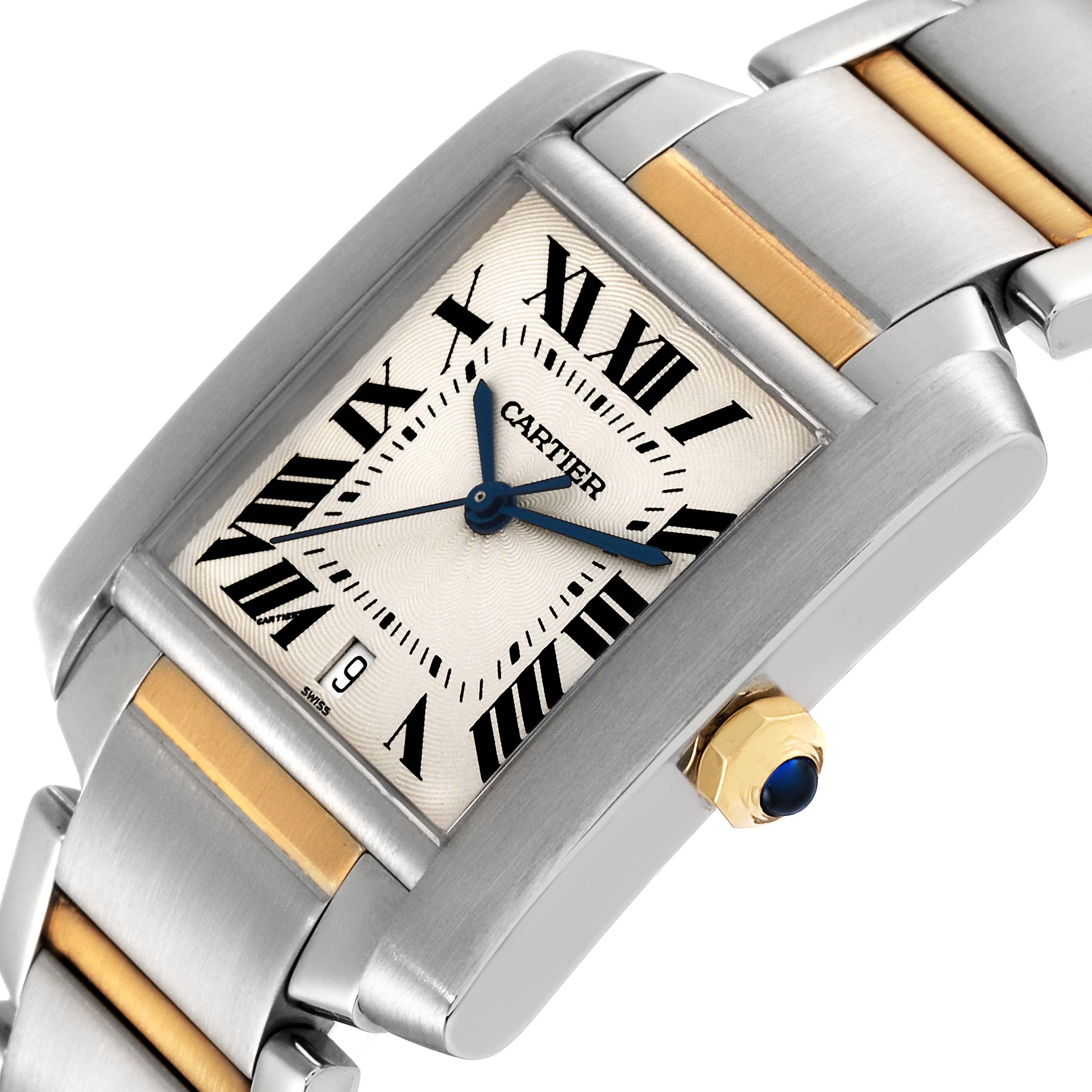 This is a close-up, angled image of the Cartier Tank Francaise W51005Q4 Men's Steel and Gold (two tone) Silver Dial W51005Q4 Men's Steel and Gold (two tone) Silver Dial watch, showing the face, bezel, part of the bracelet, and the crown.