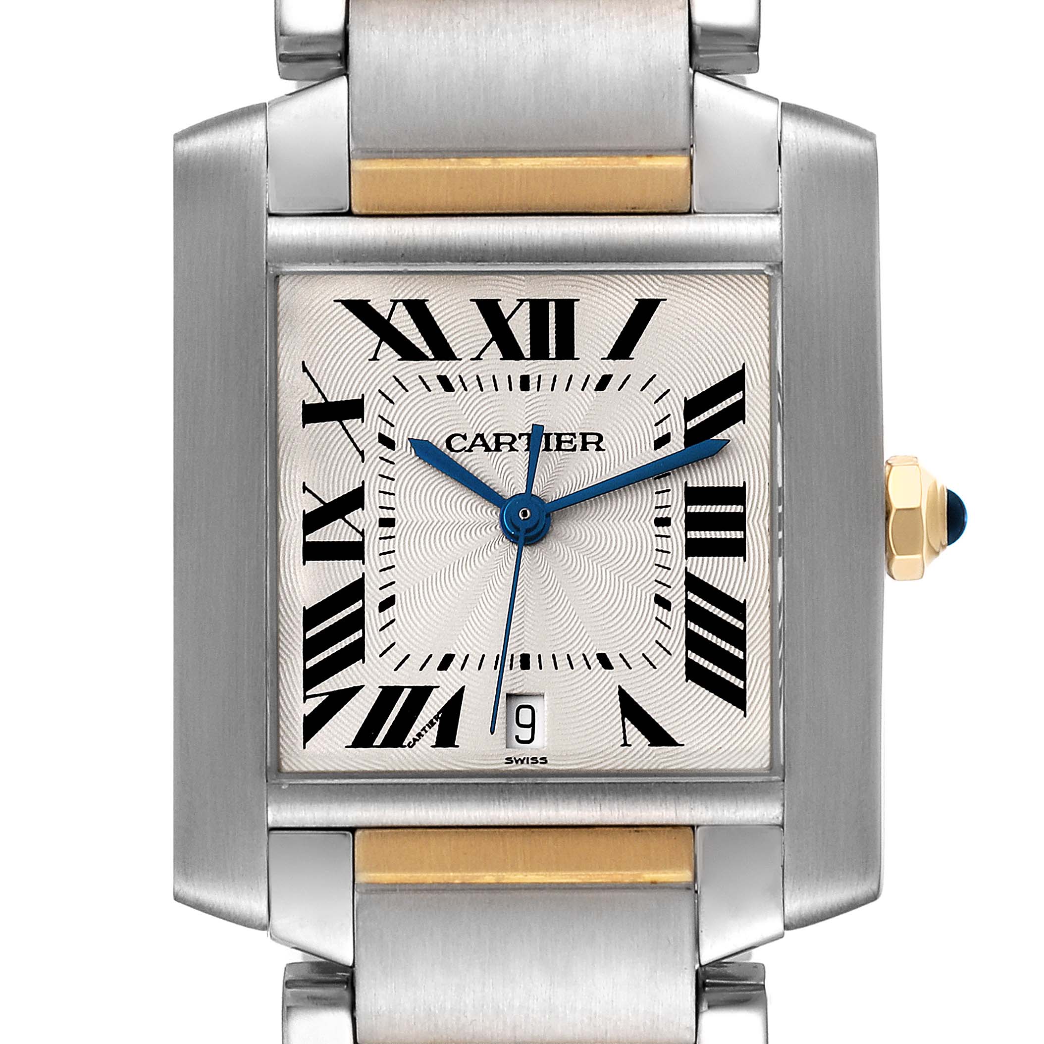 This is a close-up of the Cartier Tank Francaise W51005Q4 Men's Steel and Gold (two tone) Silver Dial W51005Q4 Men's Steel and Gold (two tone) Silver Dial watch, showing the dial, Roman numerals, hands, and part of the bracelet.