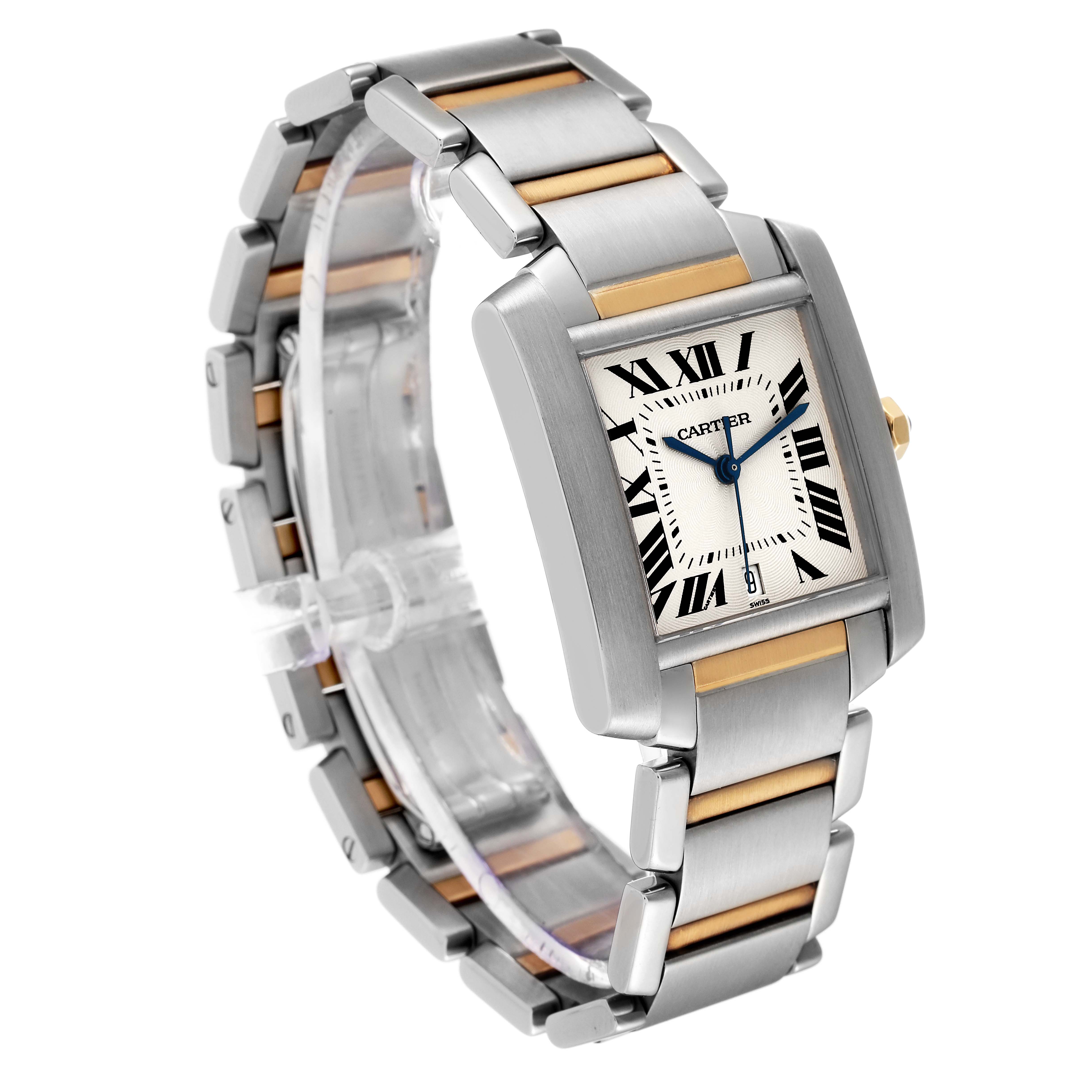 The Cartier Tank Française watch is shown at a three-quarter angle, highlighting the face and stainless steel-and-gold bracelet.