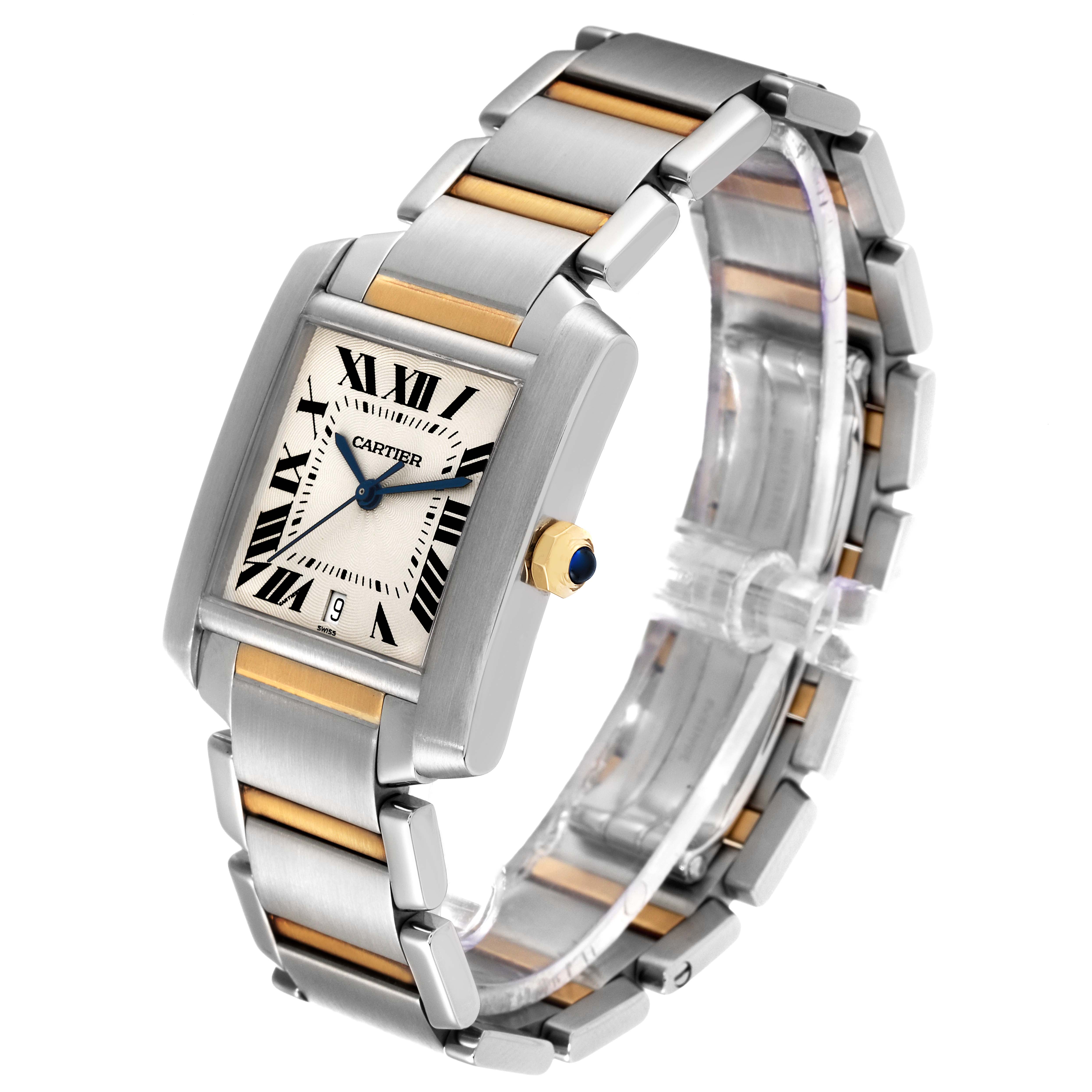 The Cartier Tank Francaise W51005Q4 Men's Steel and Gold (two tone) Silver Dial W51005Q4 Men's Steel and Gold (two tone) Silver Dial watch is shown at an angled, front-side view highlighting the face, bezel, and bracelet.