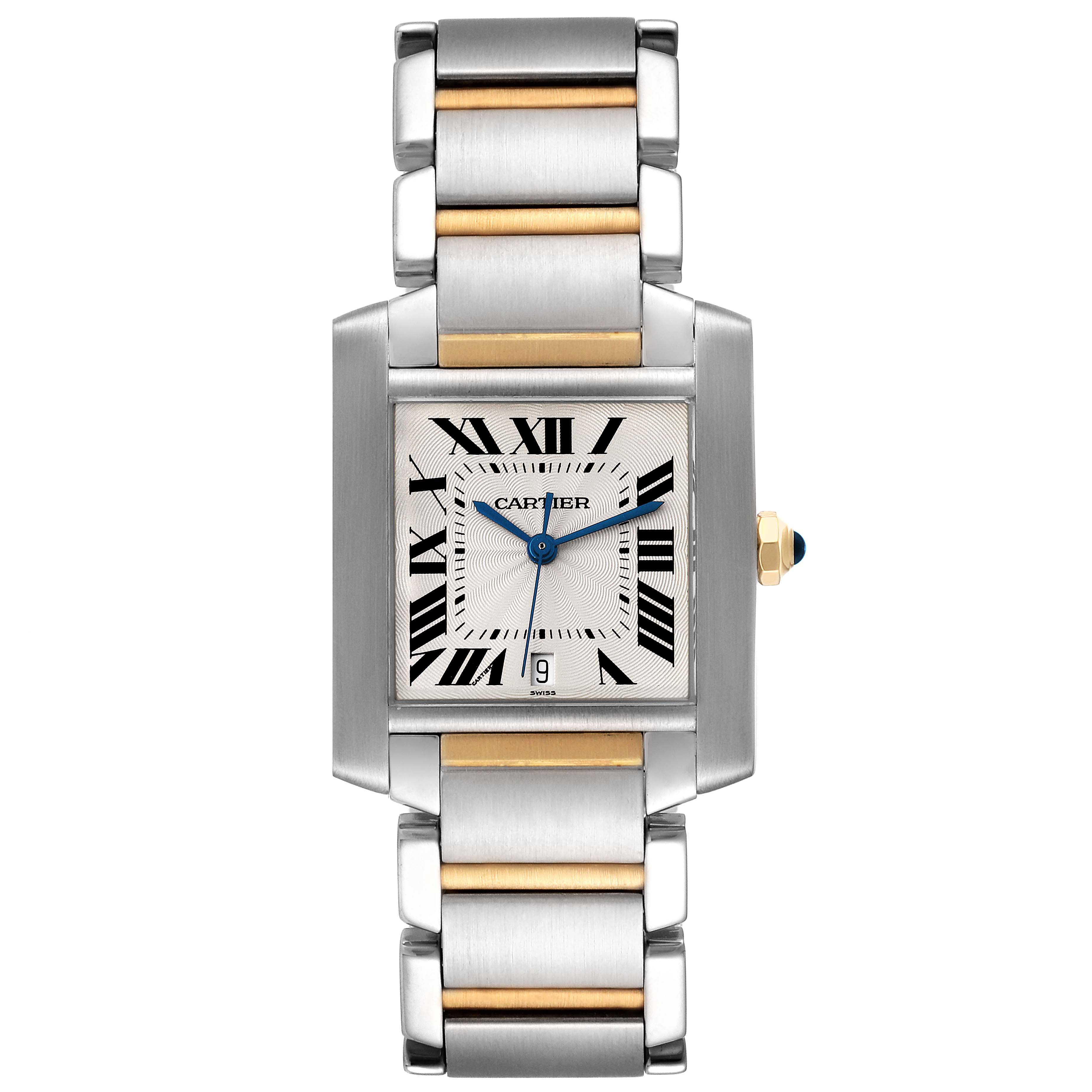 The Cartier Tank Francaise W51005Q4 Men's Steel and Gold (two tone) Silver Dial W51005Q4 Men's Steel and Gold (two tone) Silver Dial watch is shown from a front angle, displaying its rectangular face, Roman numerals, and metal bracelet.