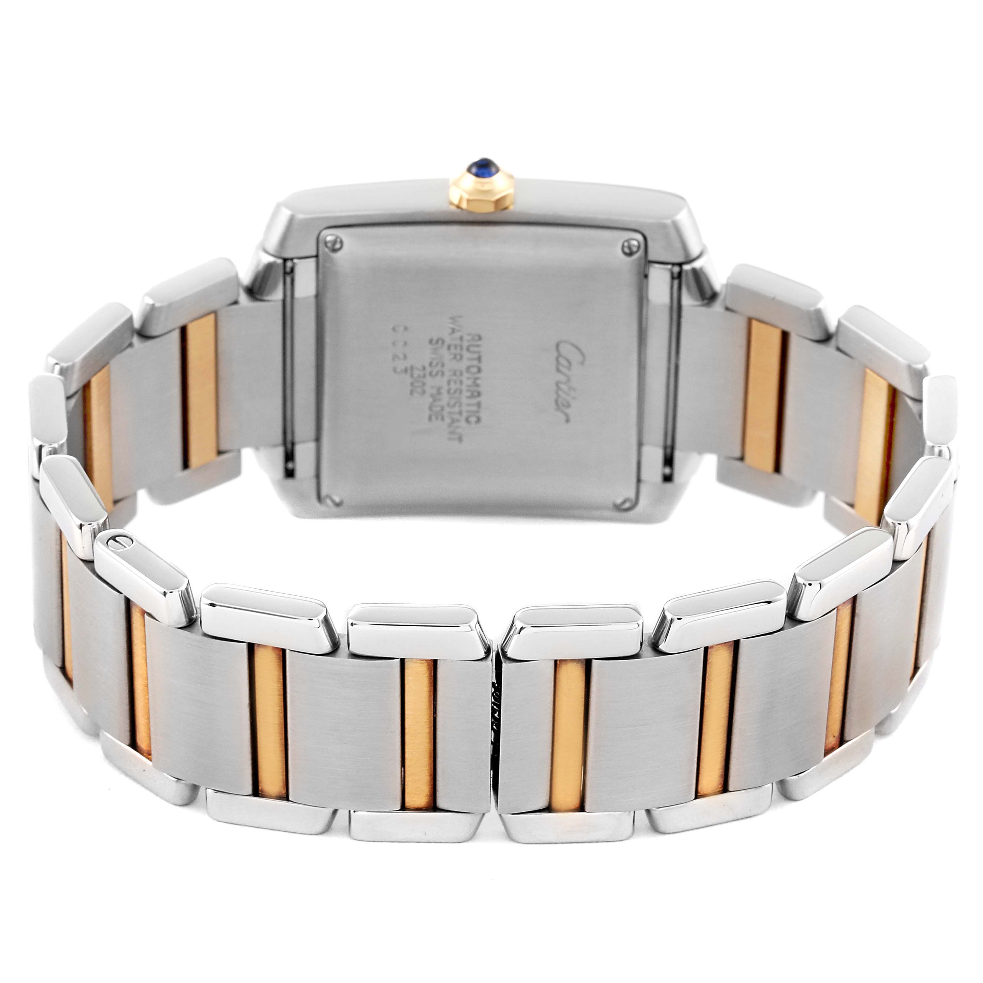 The image shows the back case and bracelet of the Cartier Tank Francaise W51005Q4 Men's Steel and Gold (two tone) Silver Dial W51005Q4 Men's Steel and Gold (two tone) Silver Dial watch.