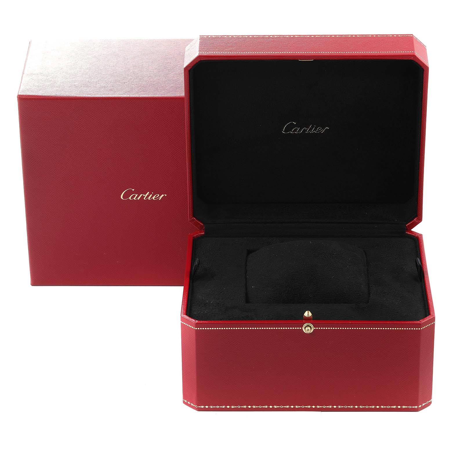 The image shows the red Cartier box for the Tank Francaise model with its lid open, revealing the interior.