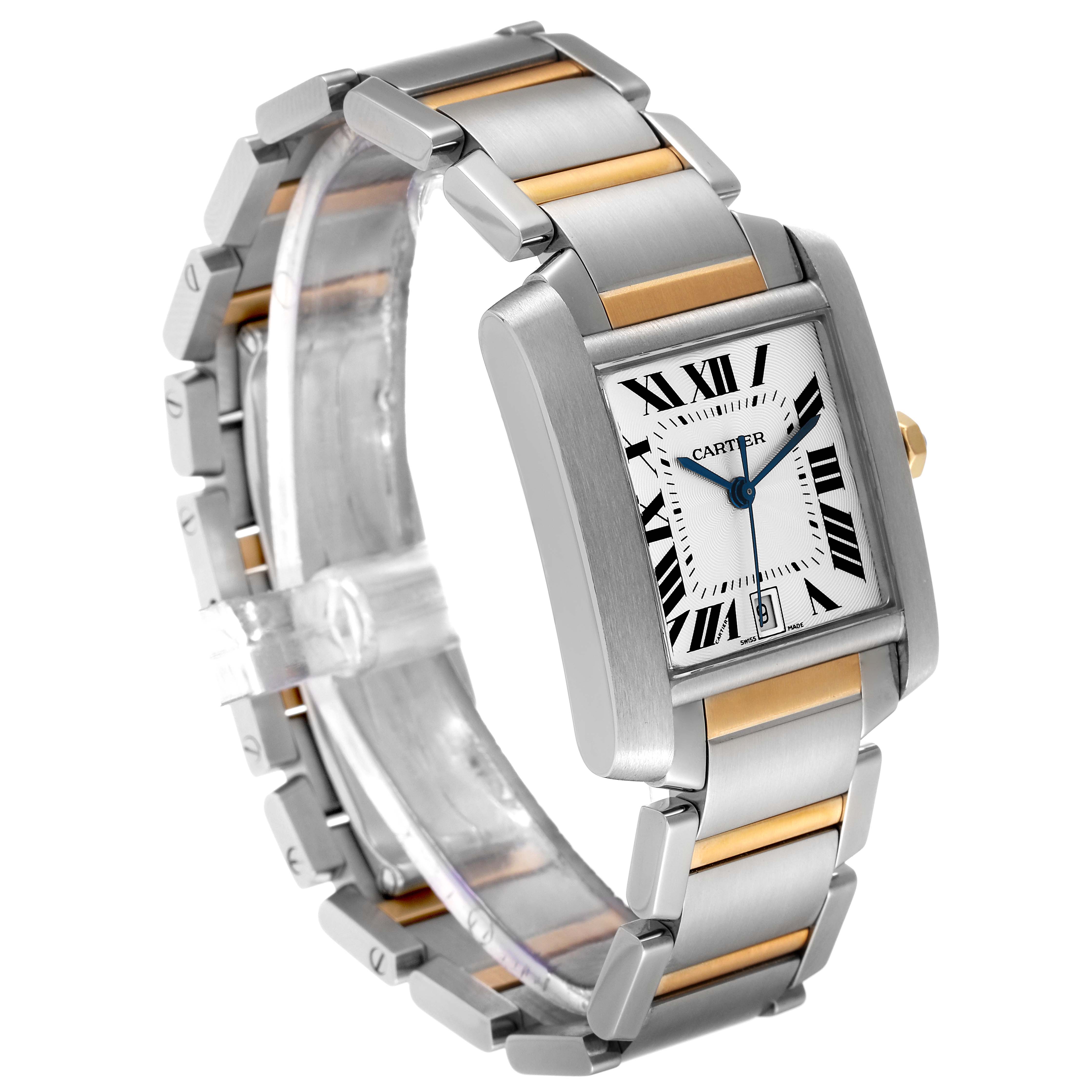 The Cartier Tank Francaise W51005Q4 Women's Steel and Gold (two tone) Silver Dial W51005Q4 Women's Steel and Gold (two tone) Silver Dial watch is shown at a three-quarter angle, displaying its two-tone bracelet and rectangular face with Roman numerals.
