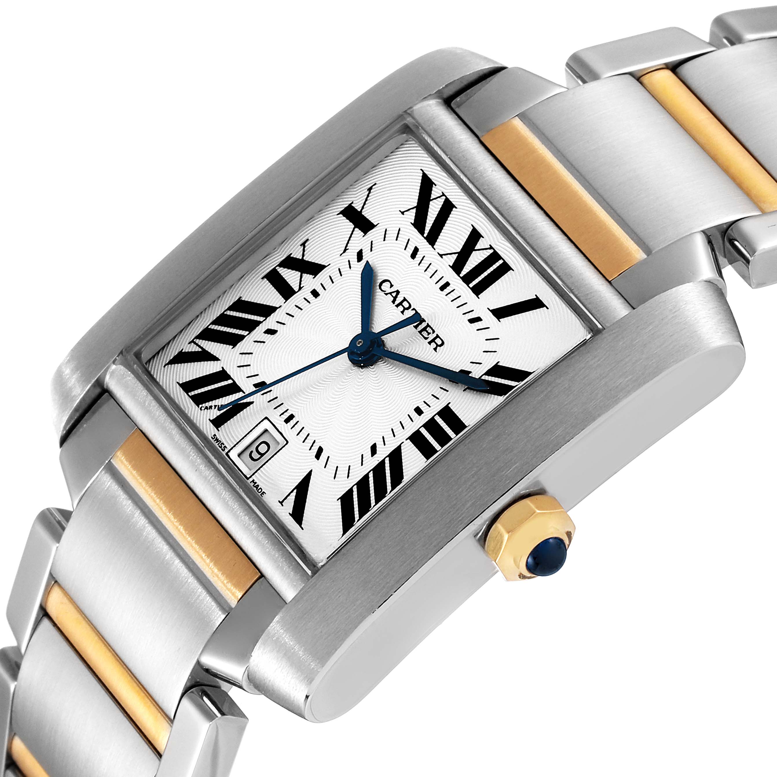 The image shows a close-up angle of the Cartier Tank Francaise W51005Q4 Women's Steel and Gold (two tone) Silver Dial W51005Q4 Women's Steel and Gold (two tone) Silver Dial watch, displaying the face, part of the bracelet, and the crown.