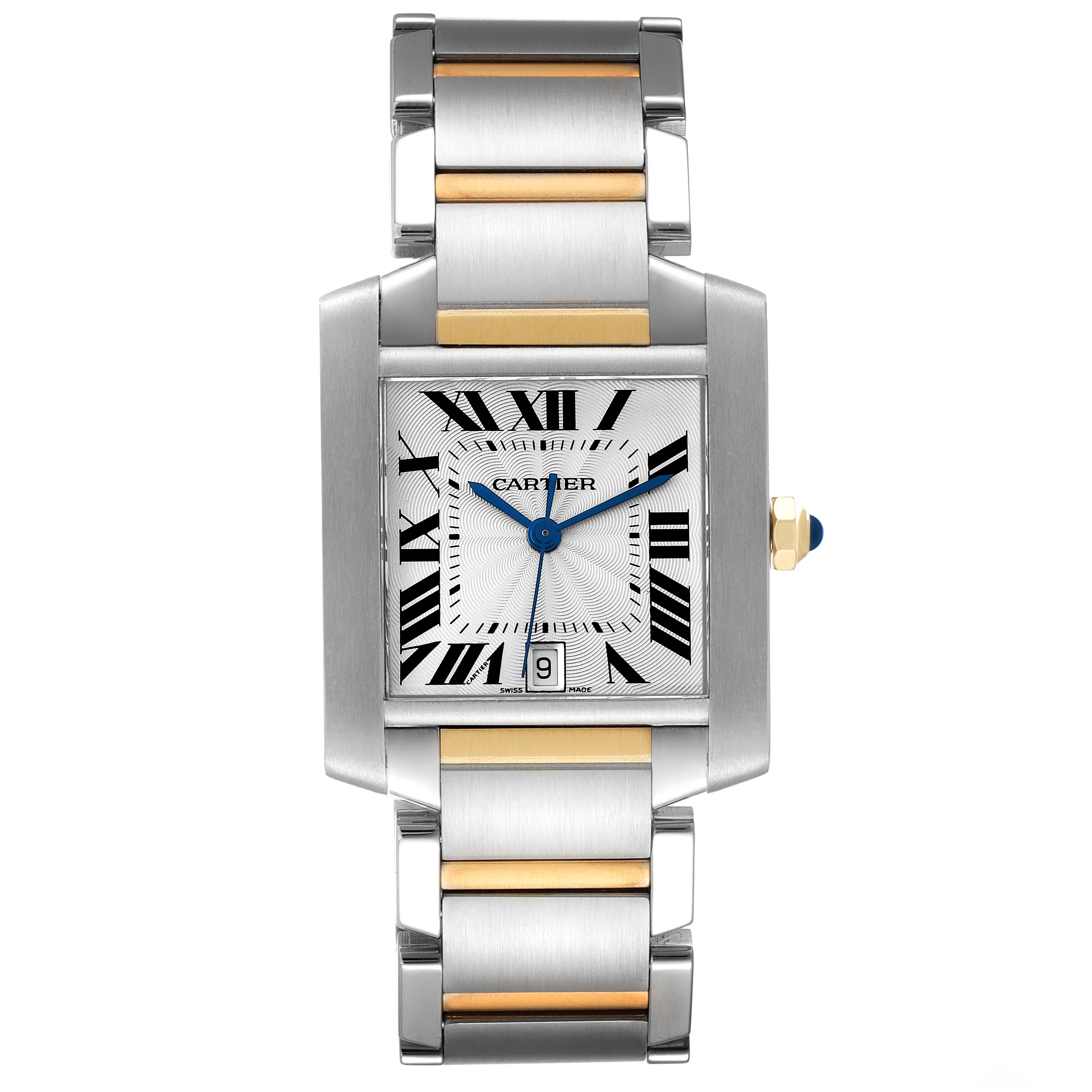 This image shows a Cartier Tank Francaise W51005Q4 Women's Steel and Gold (two tone) Silver Dial W51005Q4 Women's Steel and Gold (two tone) Silver Dial watch from a front angle, highlighting the face, bezel, bracelet, and crown.
