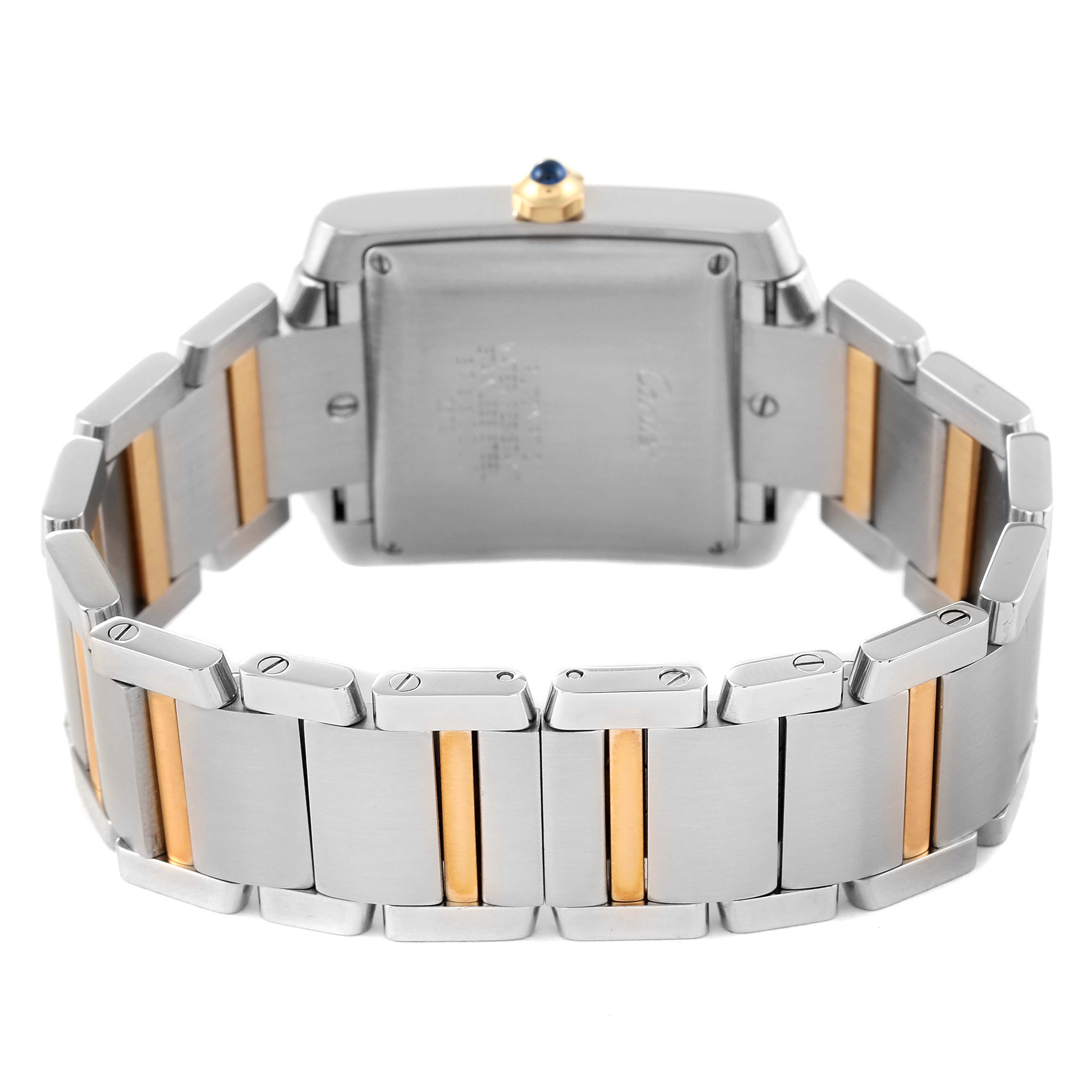 The image shows the back and bracelet of a Cartier Tank Francaise W51005Q4 Women's Steel and Gold (two tone) Silver Dial W51005Q4 Women's Steel and Gold (two tone) Silver Dial watch, highlighting its two-tone metal design and clasp.