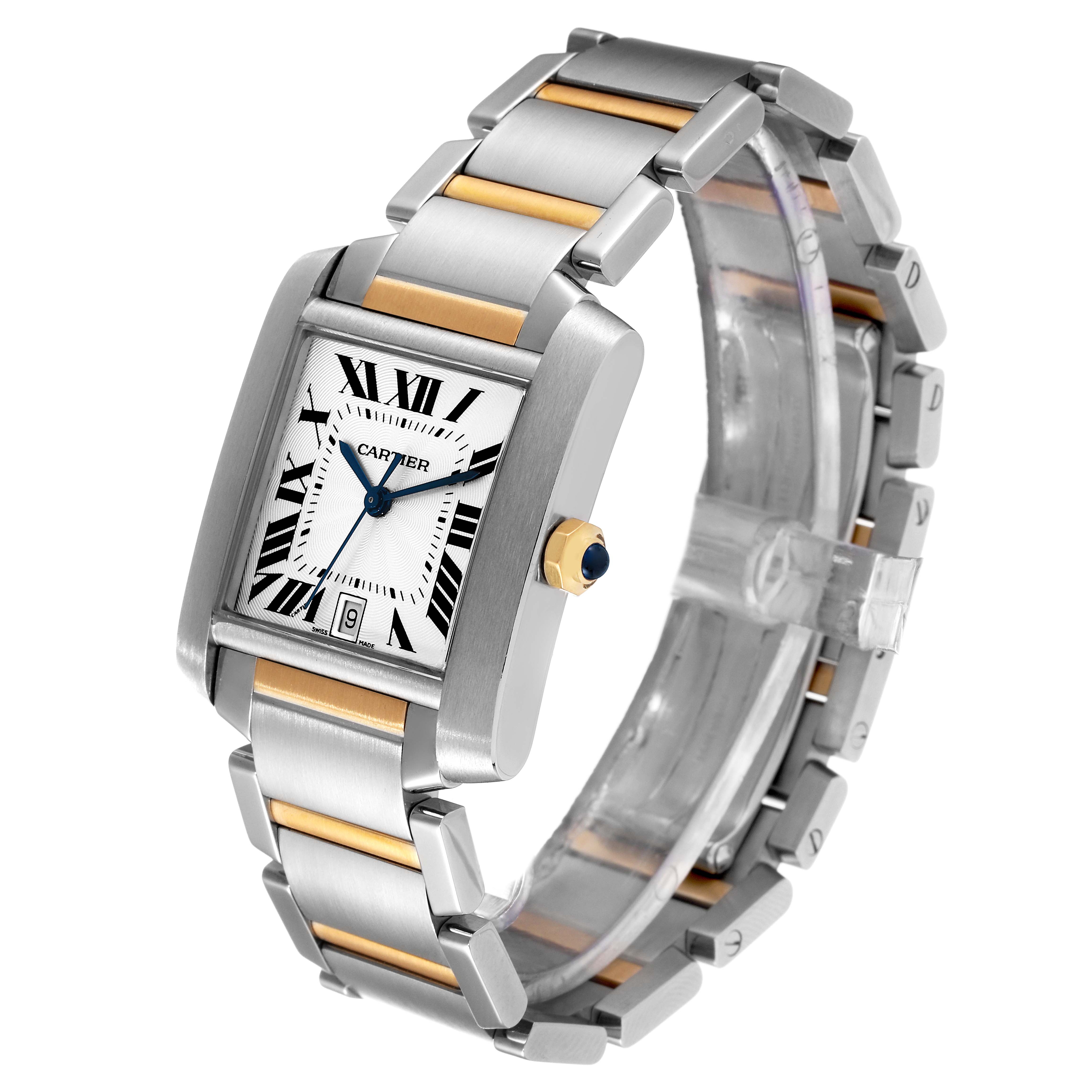 The Cartier Tank Francaise W51005Q4 Women's Steel and Gold (two tone) Silver Dial W51005Q4 Women's Steel and Gold (two tone) Silver Dial watch is shown at a three-quarter angle, highlighting its bracelet, face, crown, and case.