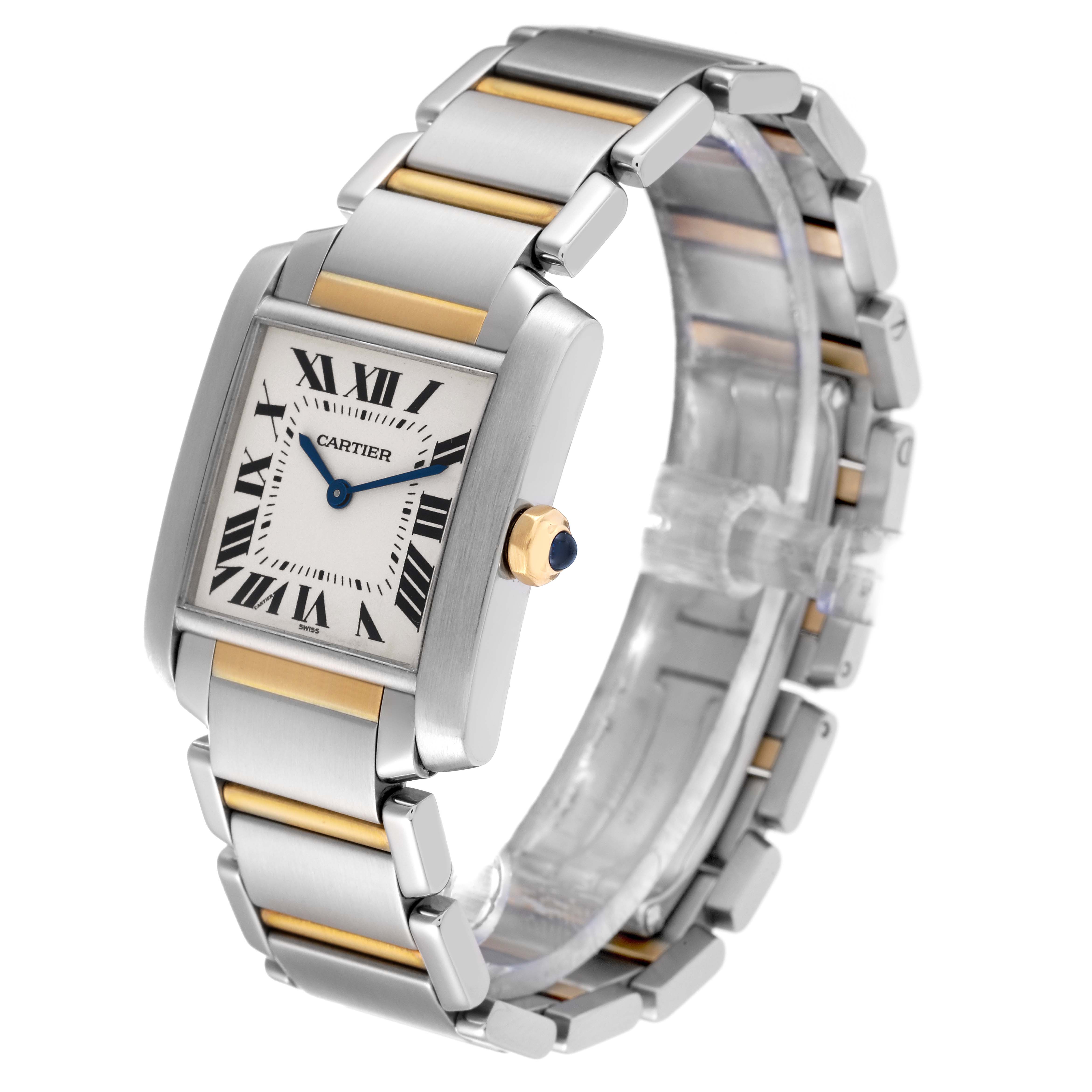 This image shows a Cartier Tank Française watch from an angled view, displaying its two-tone metal bracelet and rectangular face.