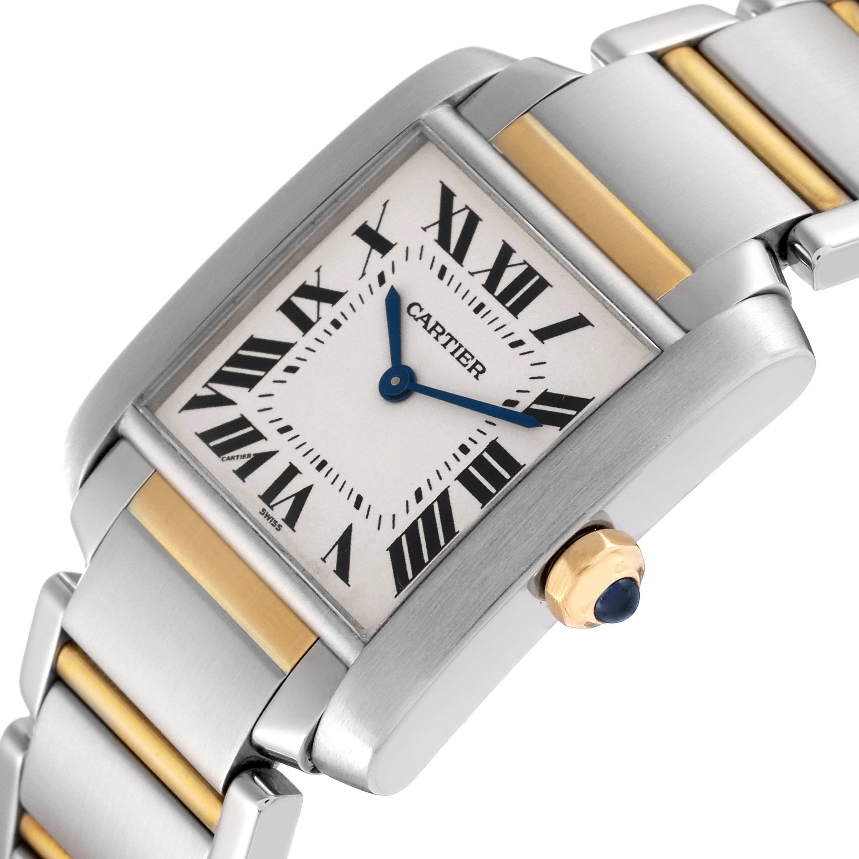 This image shows a close-up angle of the dial and part of the bracelet of a Cartier Tank Française watch.