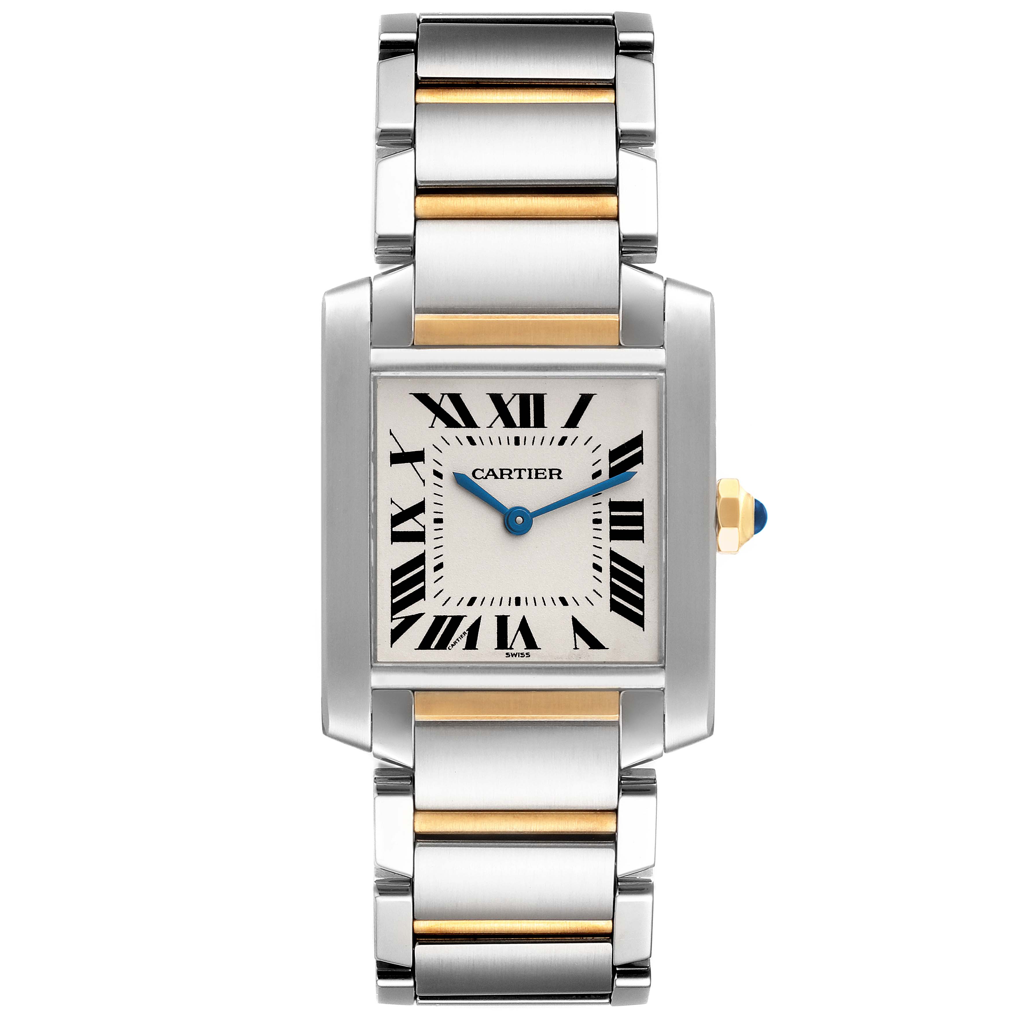 This image shows a front view of the Cartier Tank Francaise W2TA0003 Women's Steel and Gold (two tone) Silver Dial W2TA0003 Women's Steel and Gold (two tone) Silver Dial watch, showcasing the face, hands, and bracelet.