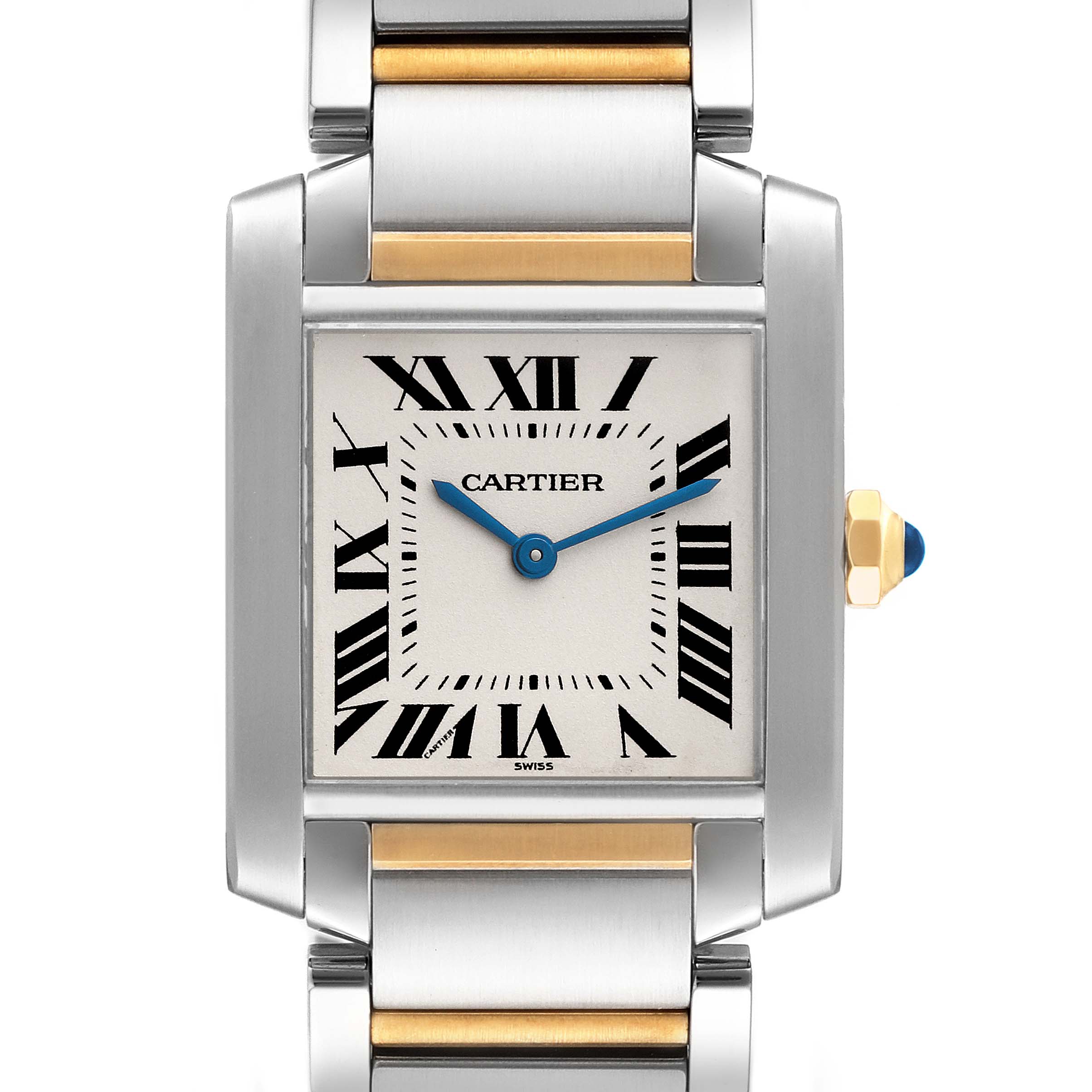 This image shows a close-up of the Cartier Tank Francaise W2TA0003 Women's Steel and Gold (two tone) Silver Dial W2TA0003 Women's Steel and Gold (two tone) Silver Dial watch face and two-tone bracelet.