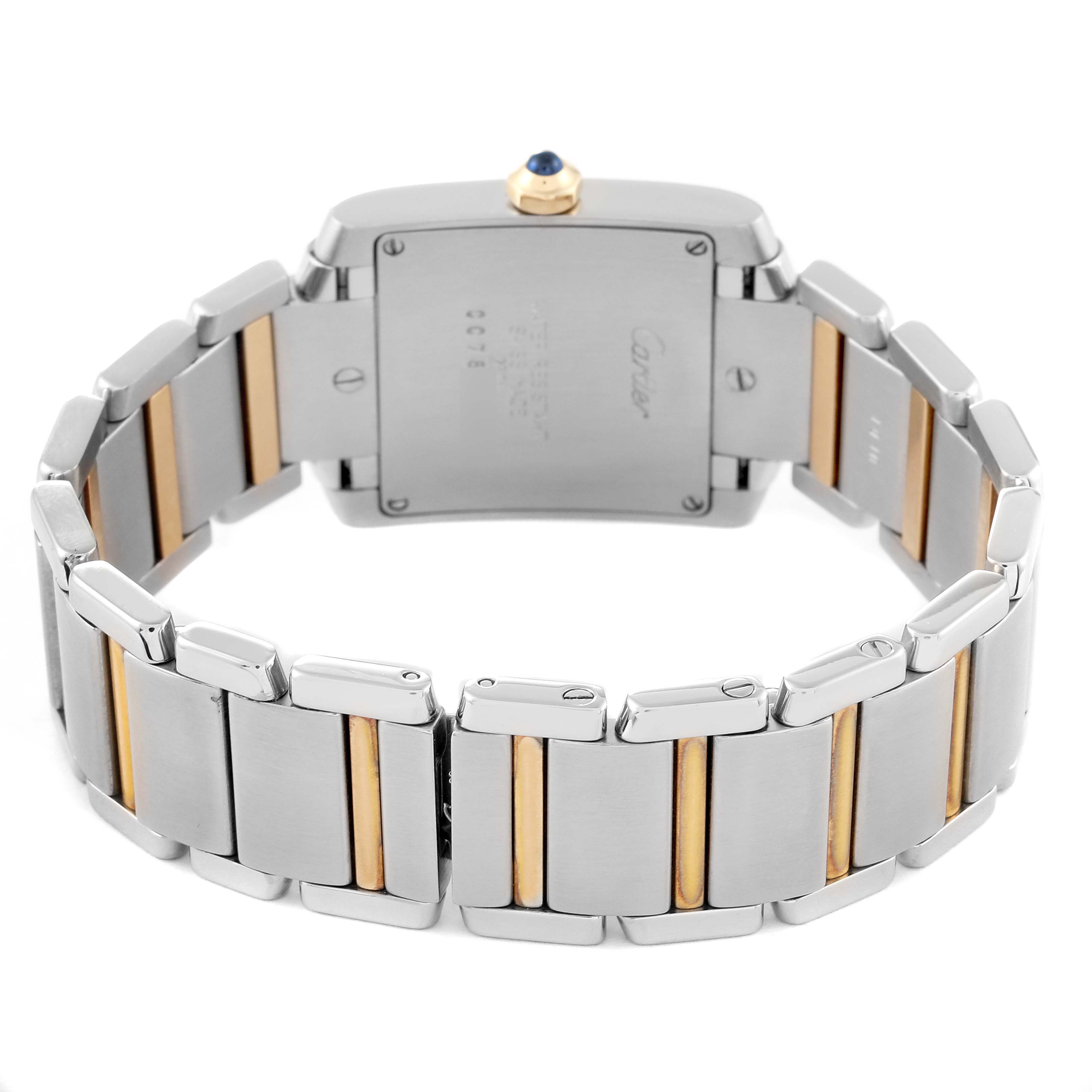 This image shows the back and bracelet of a Cartier Tank Française watch, highlighting its silver and gold-toned metal links.