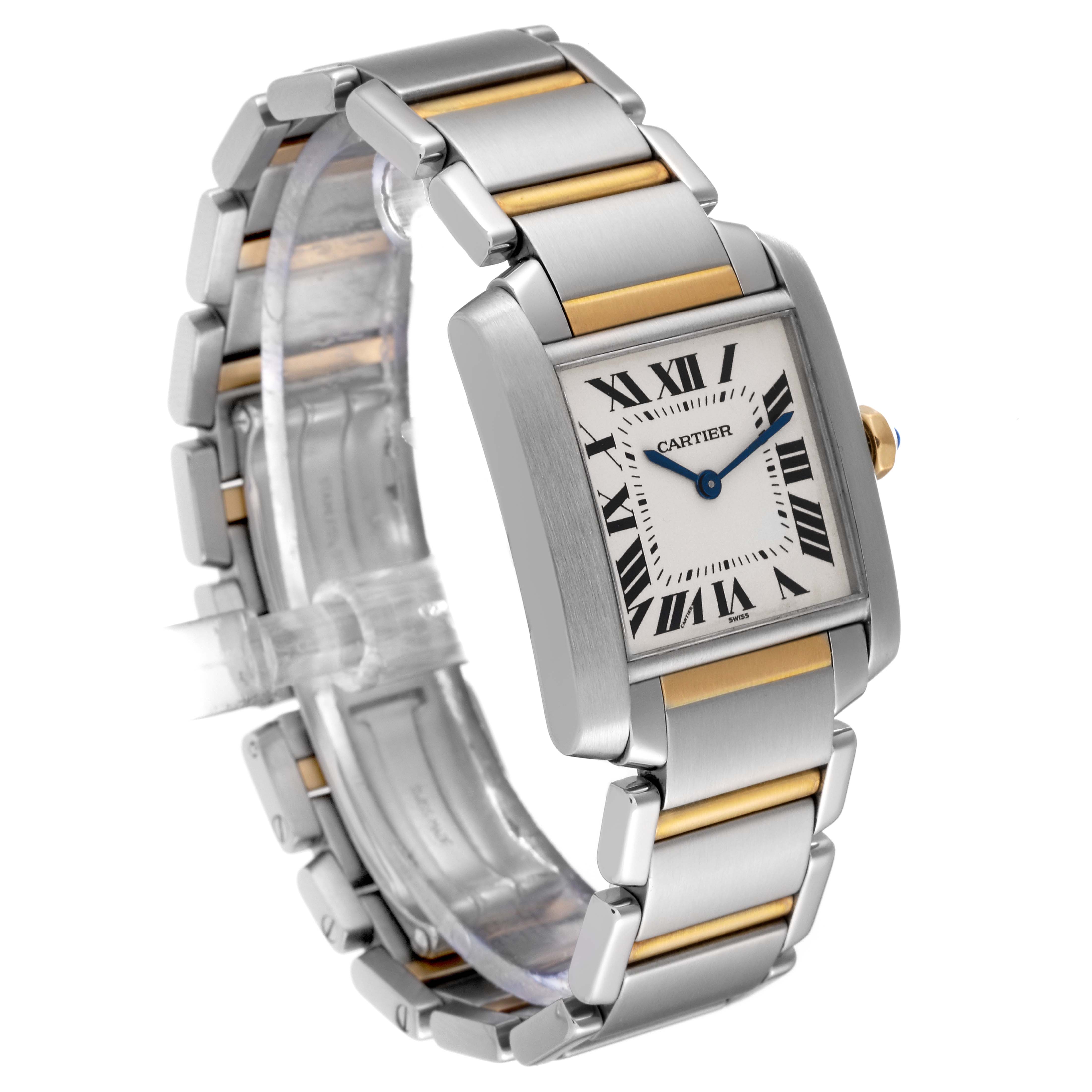 This image shows a Cartier Tank Francaise W2TA0003 Women's Steel and Gold (two tone) Silver Dial W2TA0003 Women's Steel and Gold (two tone) Silver Dial watch at a three-quarter angle, highlighting its bracelet and rectangular face.