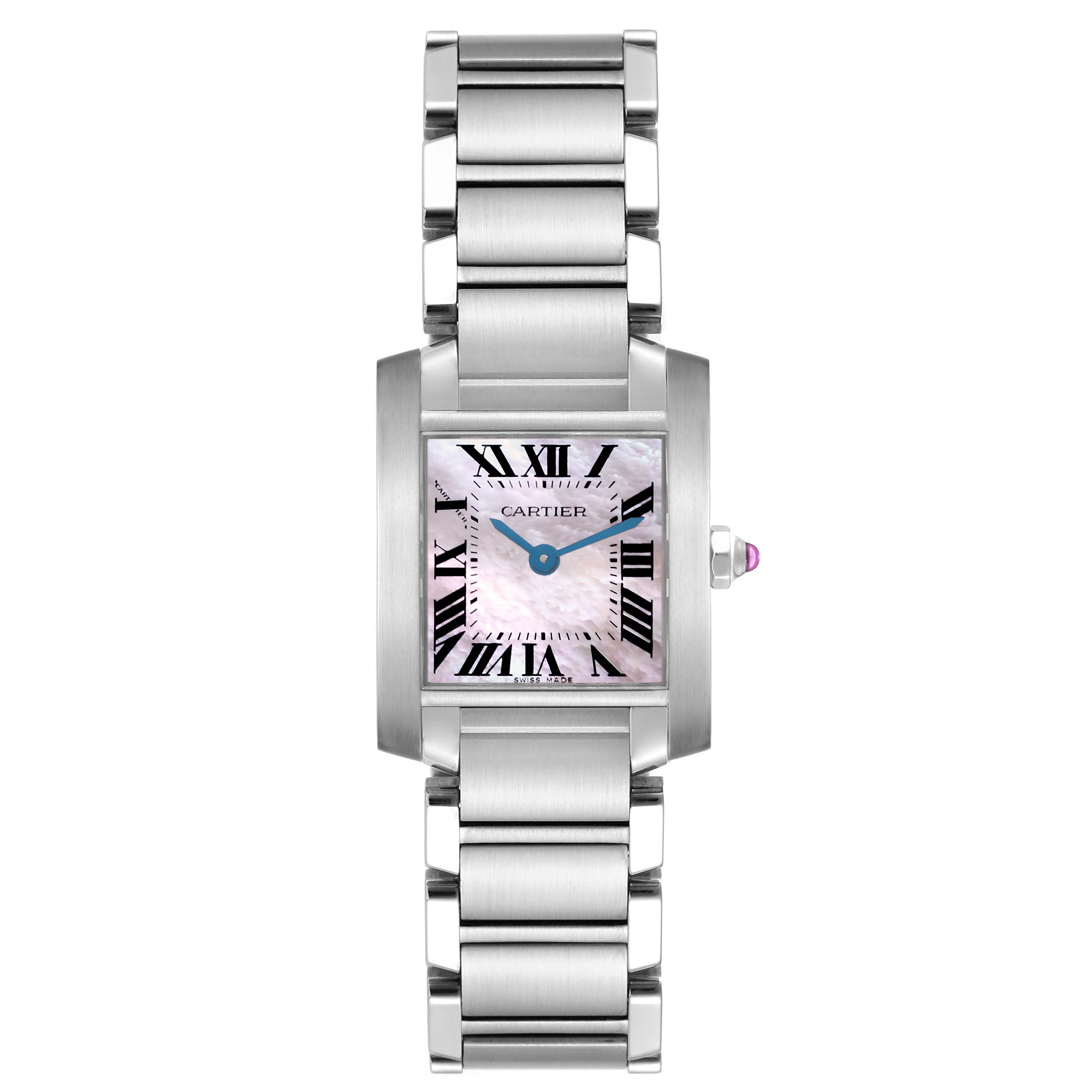 The Cartier Tank Française watch is shown from a front view, highlighting its rectangular face, Roman numerals, and stainless steel bracelet.