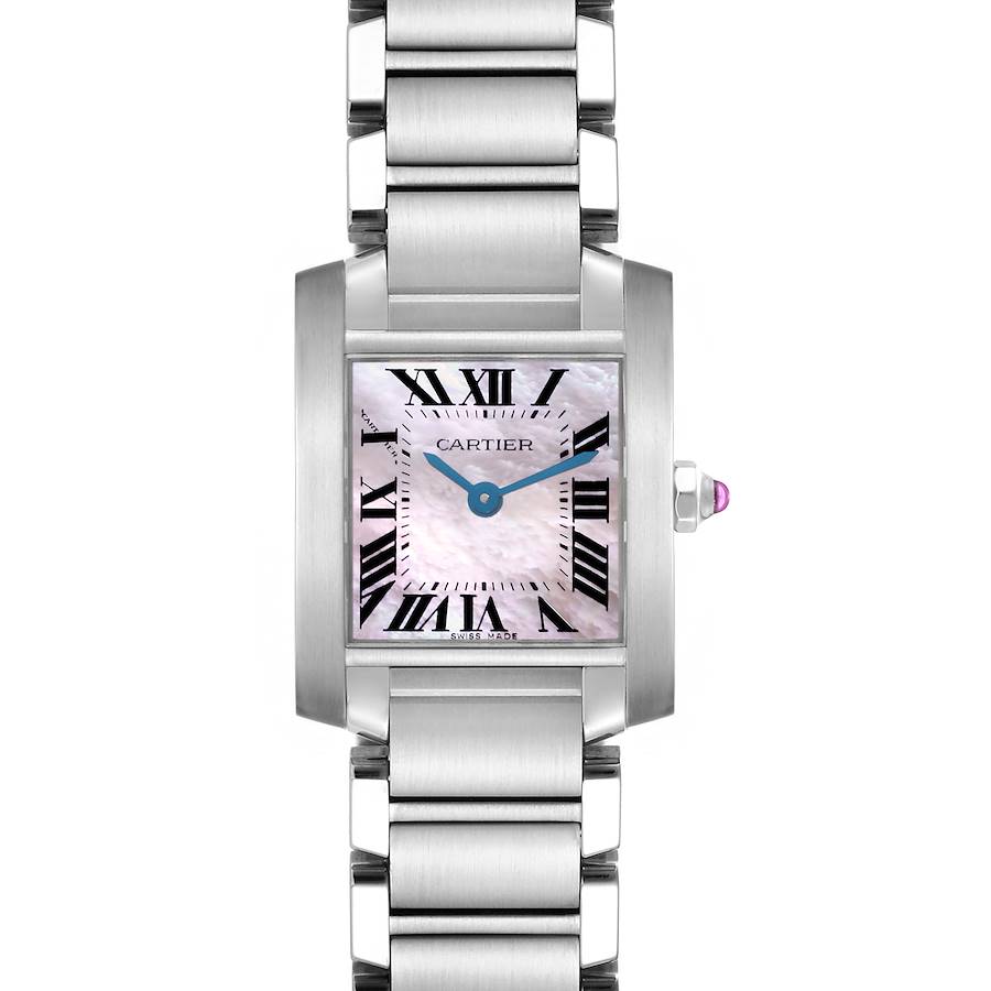 The Cartier Tank Française watch is shown from a front angle, displaying the dial, bracelet, and crown.