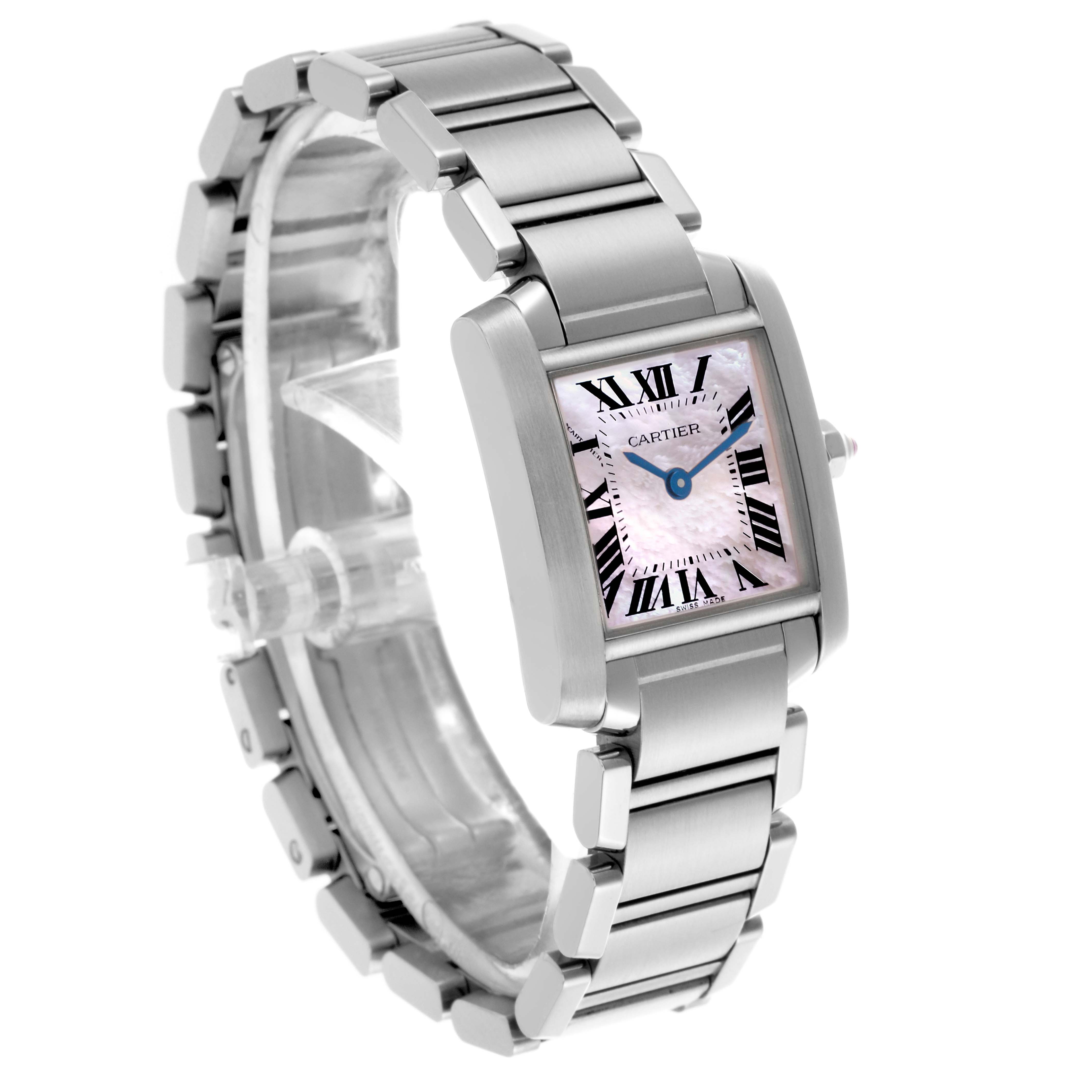 The Cartier Tank Française watch is shown at an angled view, highlighting its rectangular face, Roman numerals, and metal bracelet.