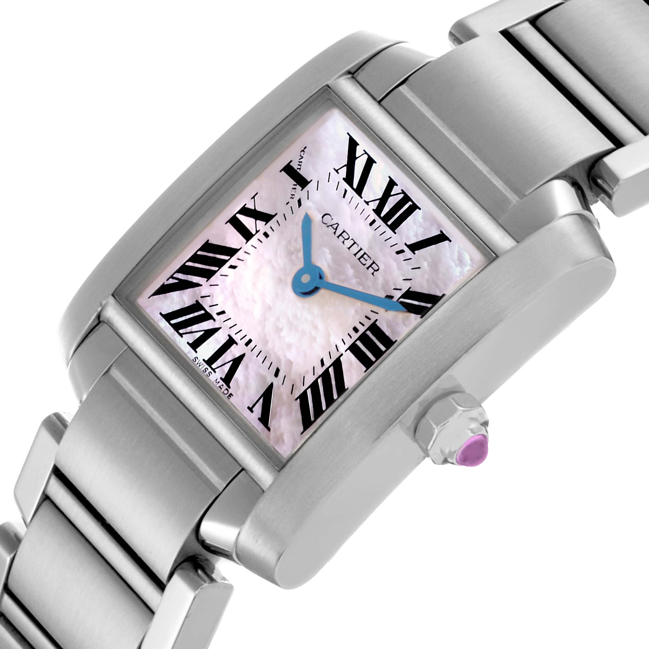The Cartier Tank Française watch is shown at an angle highlighting the rectangular face, bracelet, crown, and Roman numerals.