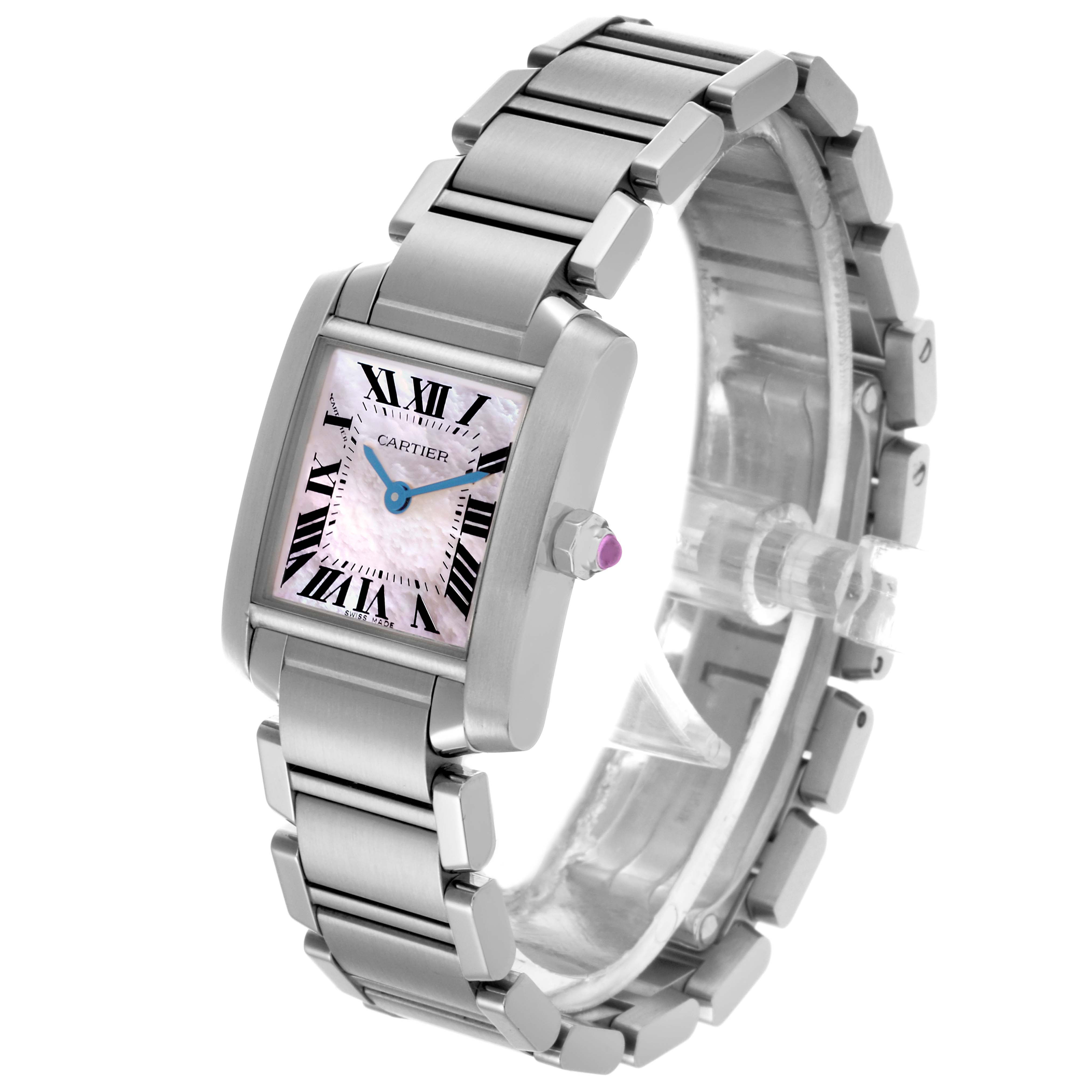 The Cartier Tank Française watch is shown at an angle highlighting the face, bracelet, and crown.
