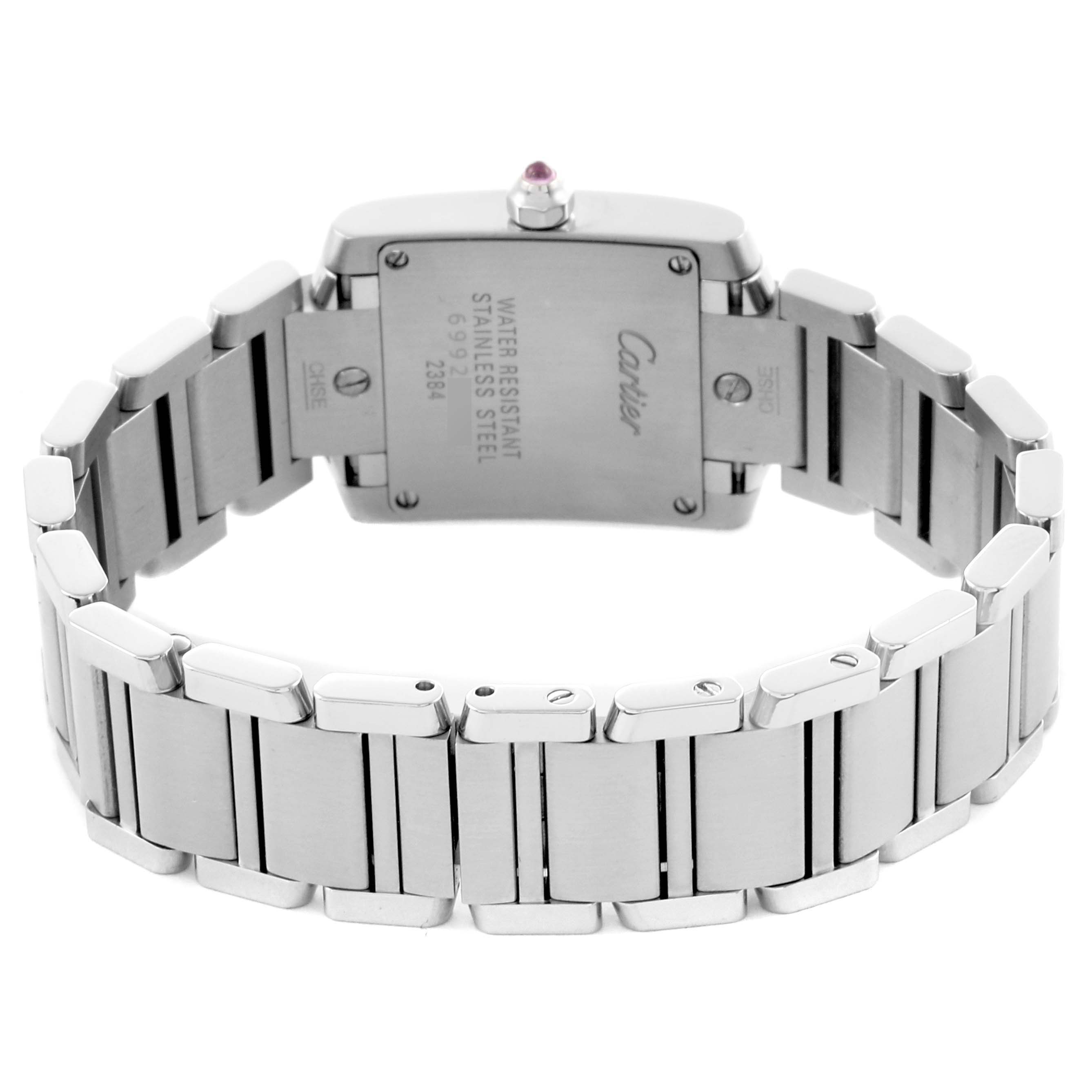The Cartier Tank Francaise W51028Q3 Women's Stainless Steel Mother of Pearl Dial W51028Q3 Women's Stainless Steel Mother of Pearl Dial watch is shown from the back, highlighting its stainless steel case and bracelet links.