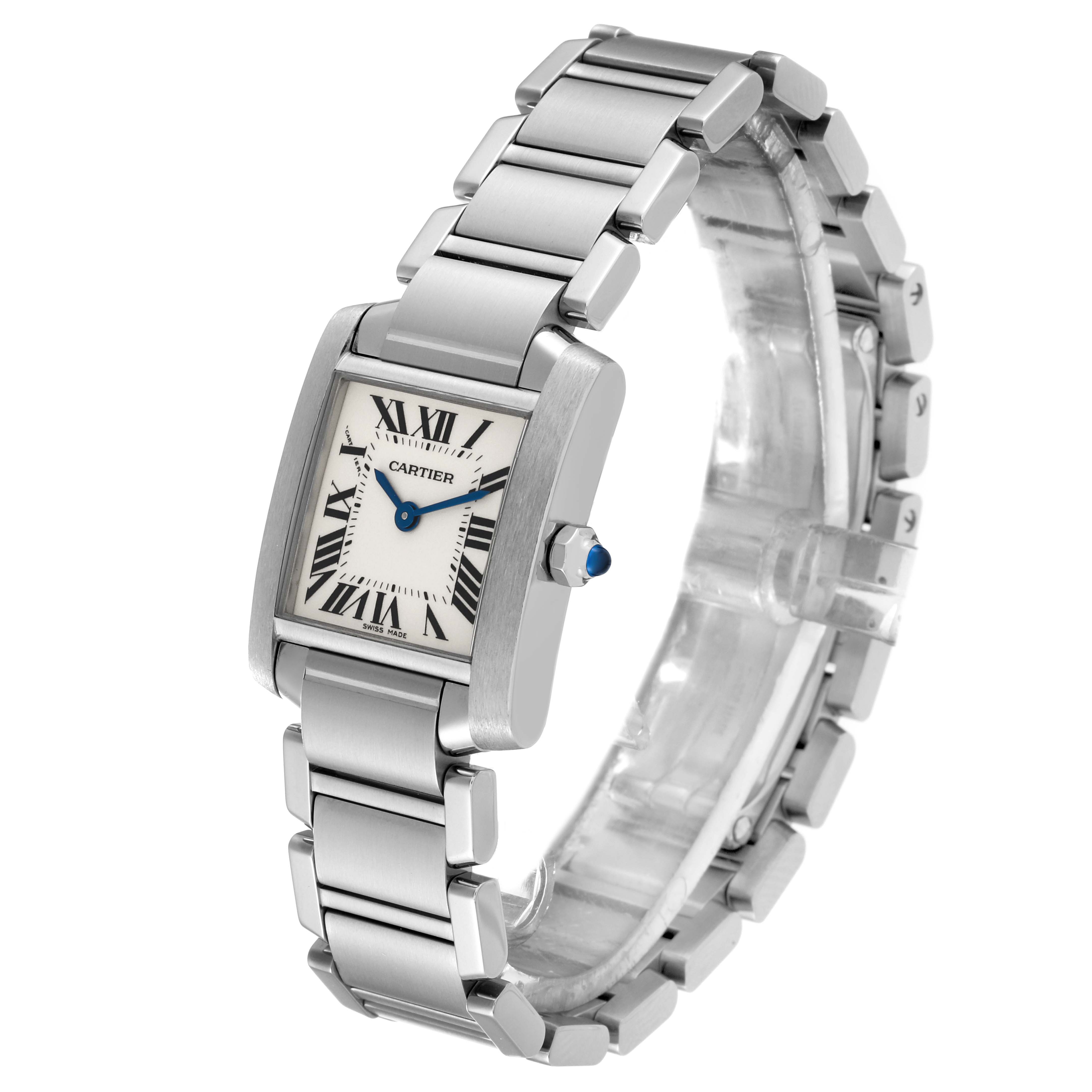 The image shows a Cartier Tank Francaise W51008Q3 Women's Stainless Steel Silver Dial W51008Q3 Women's Stainless Steel Silver Dial watch angled to display the face, bracelet, and clasp.