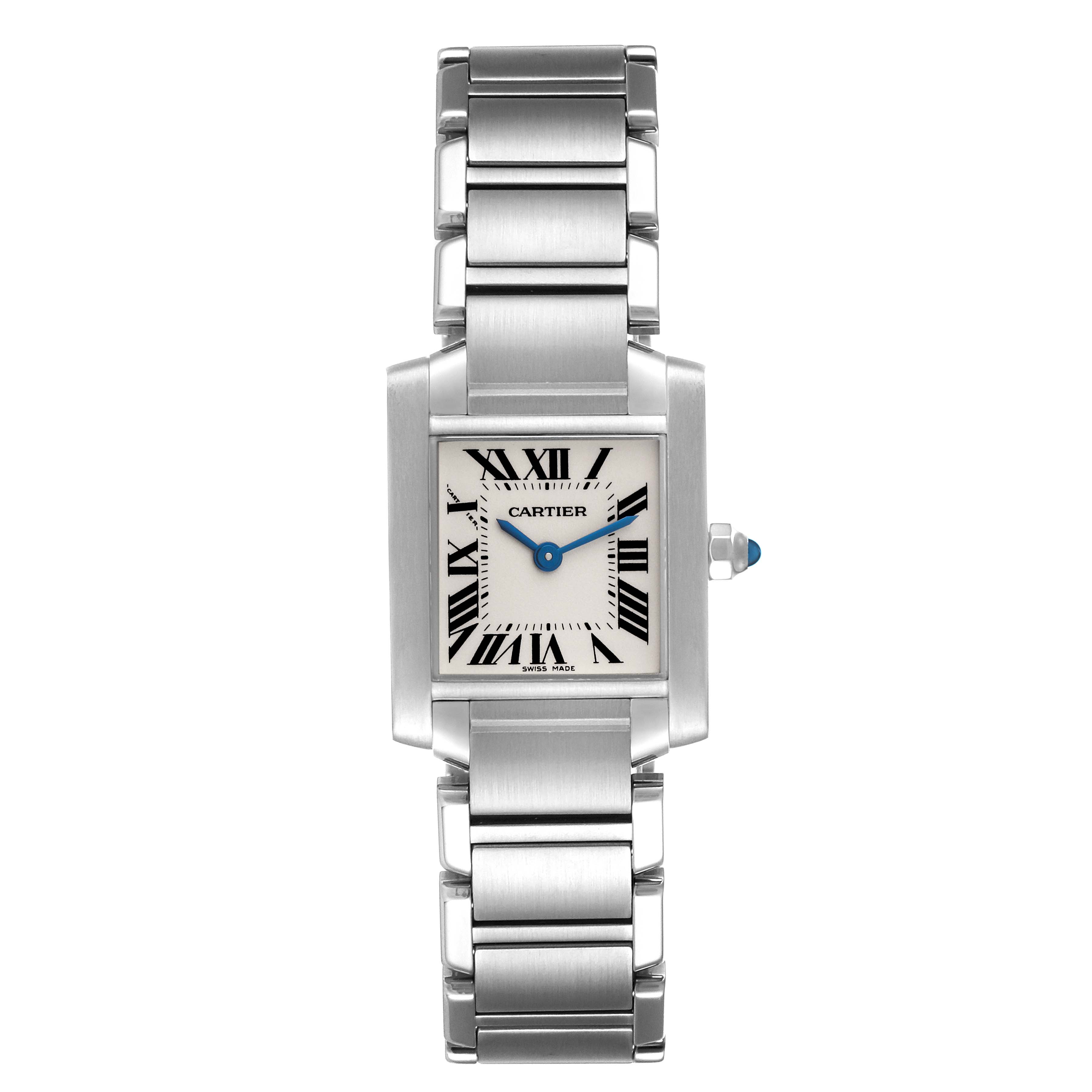 The image shows a front view of the Cartier Tank Francaise W51008Q3 Women's Stainless Steel Silver Dial W51008Q3 Women's Stainless Steel Silver Dial watch, highlighting its rectangular face, Roman numerals, and metal link bracelet.