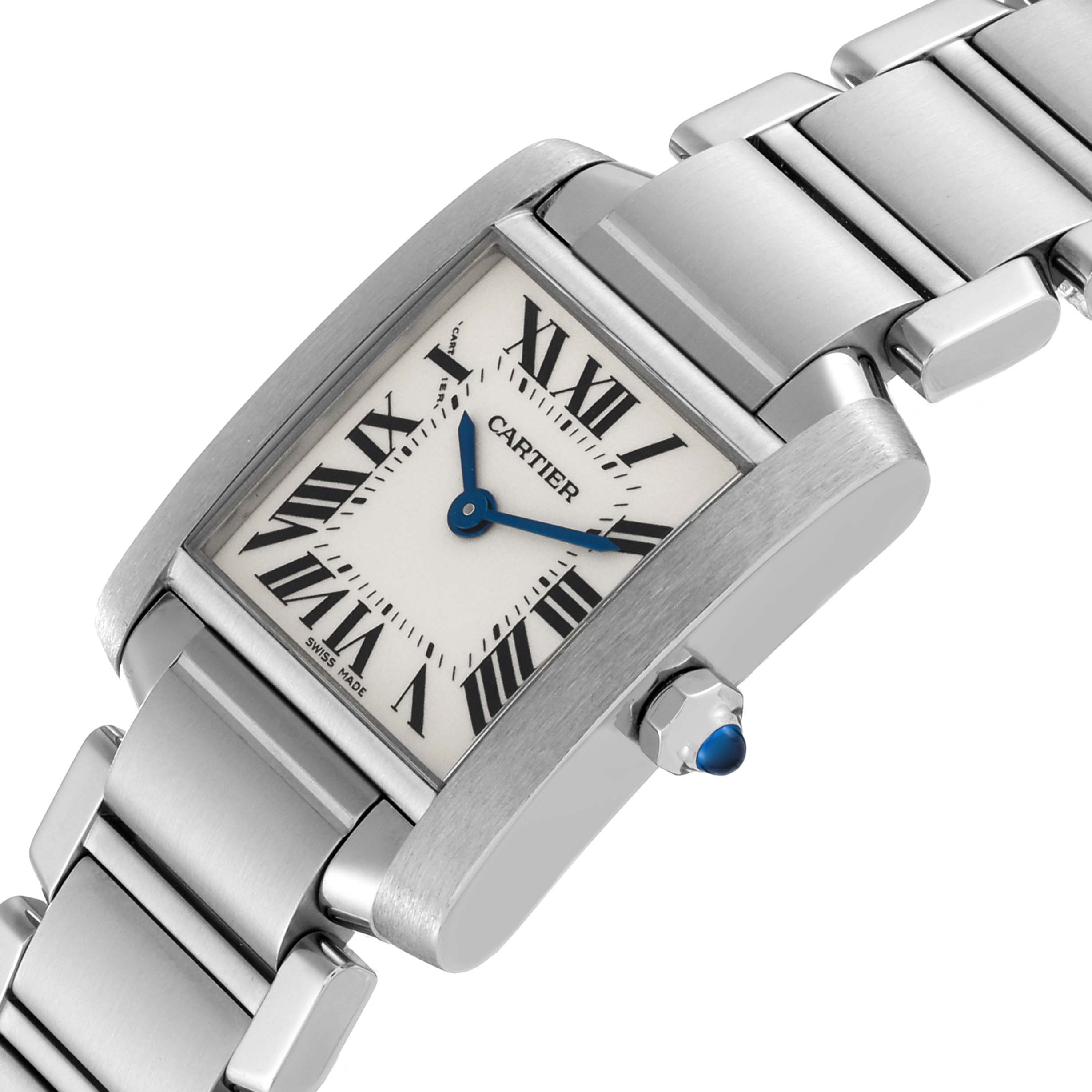 The image shows a close-up angle of a Cartier Tank Française watch, highlighting the face, crown, and part of the bracelet.