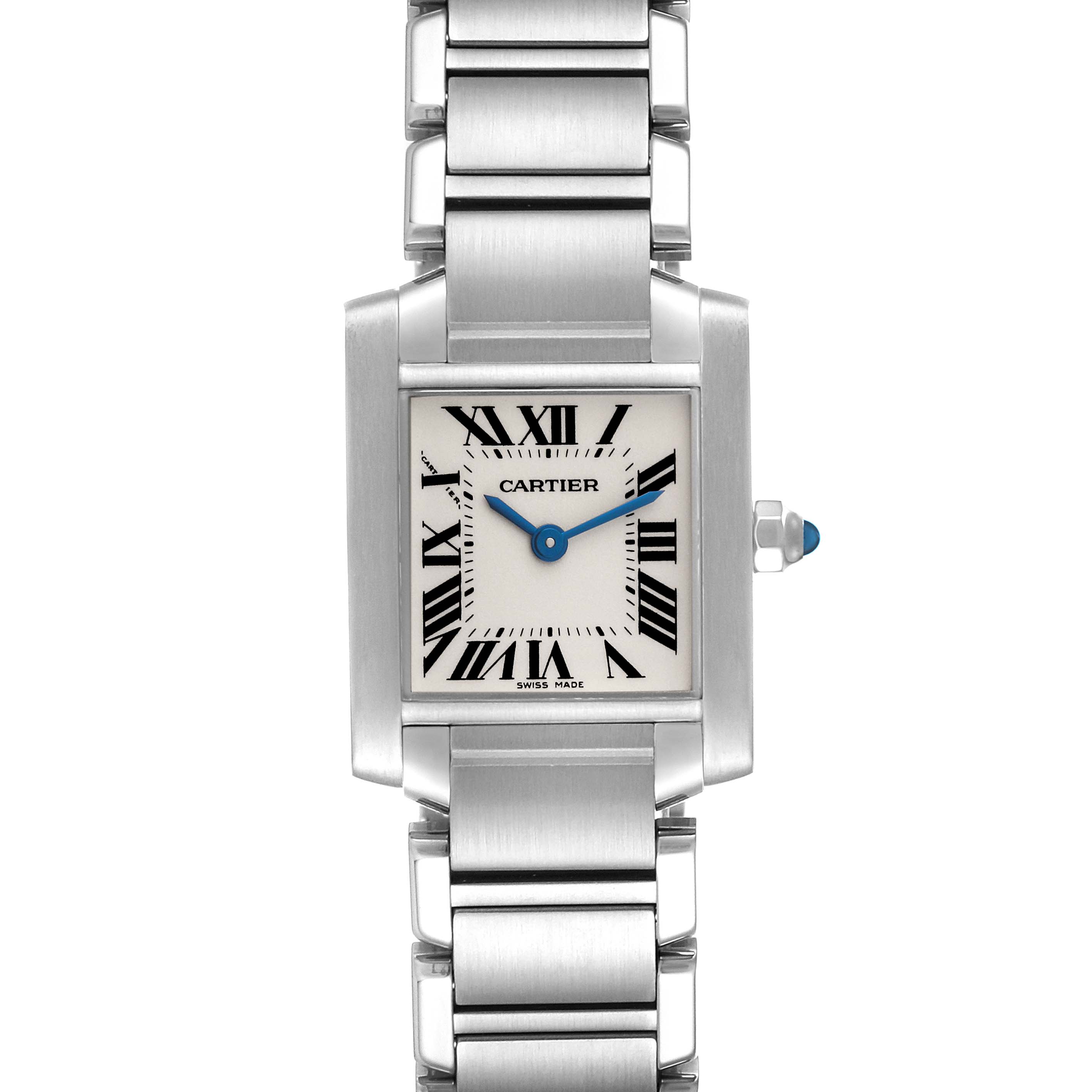 The image shows the front view of a Cartier Tank Francaise W51008Q3 Women's Stainless Steel Silver Dial W51008Q3 Women's Stainless Steel Silver Dial watch, highlighting its square dial, Roman numerals, and stainless steel bracelet.